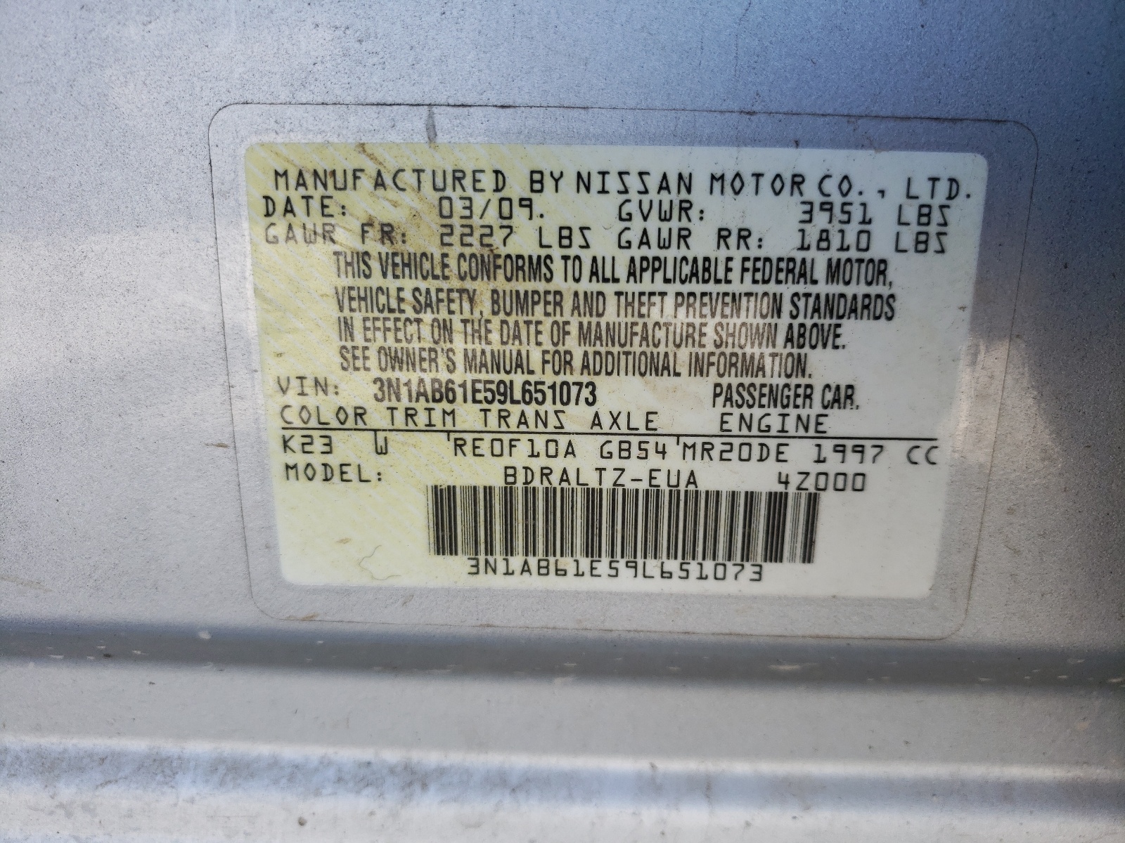 3N1AB61E59L651073 2009 Nissan Sentra 2.0