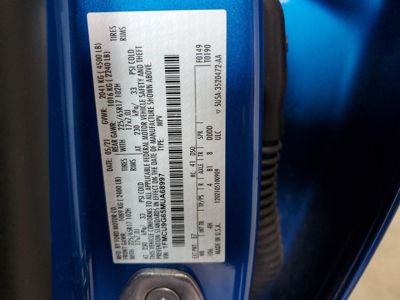 2021 Ford Escape Se VIN: 1FMCU9G65MUA68997 Lot: 64652094