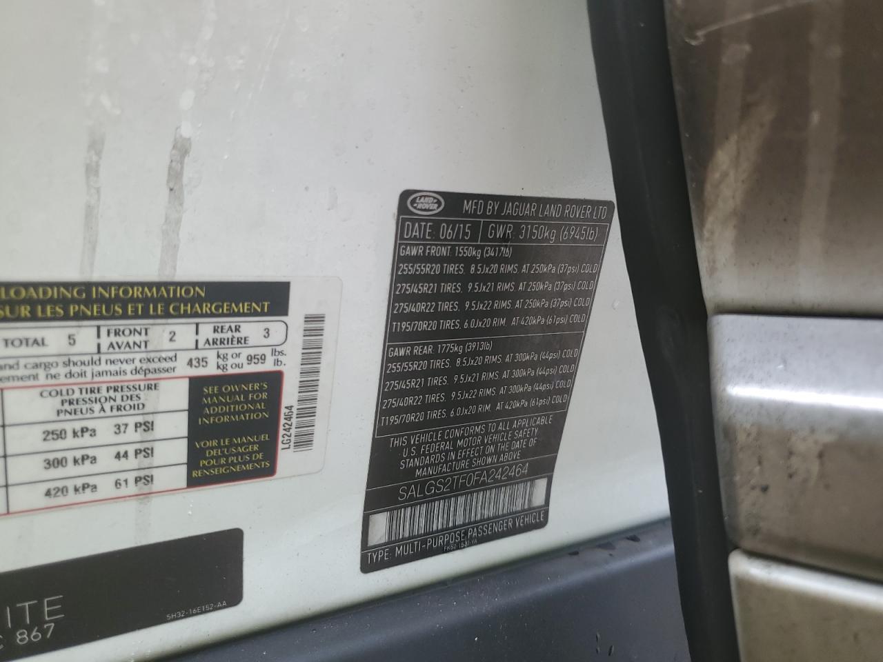 2015 Land Rover Range Rover Supercharged VIN: SALGS2TF0FA242464 Lot: 62983634