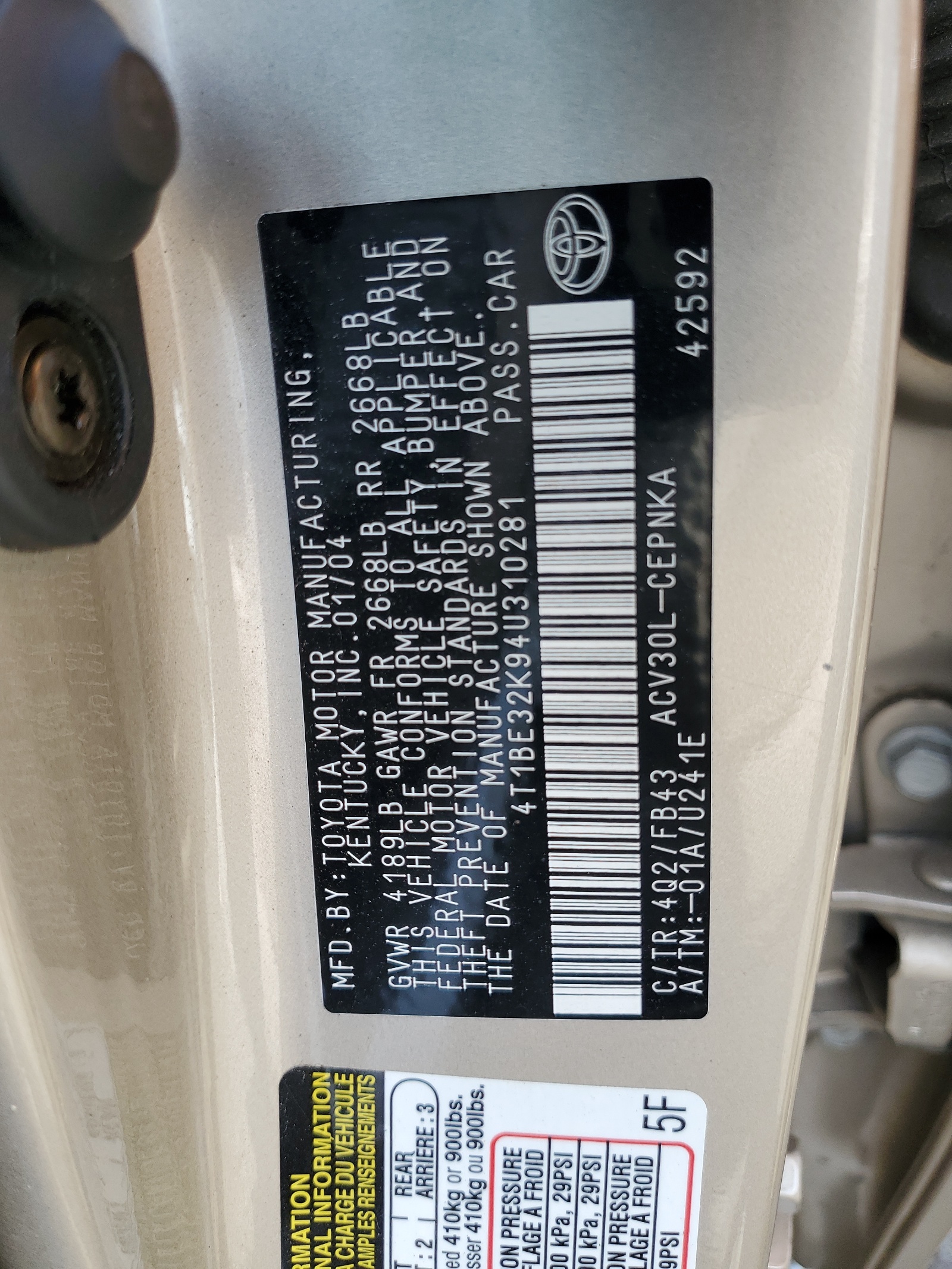 4T1BE32K94U310281 2004 Toyota Camry Le