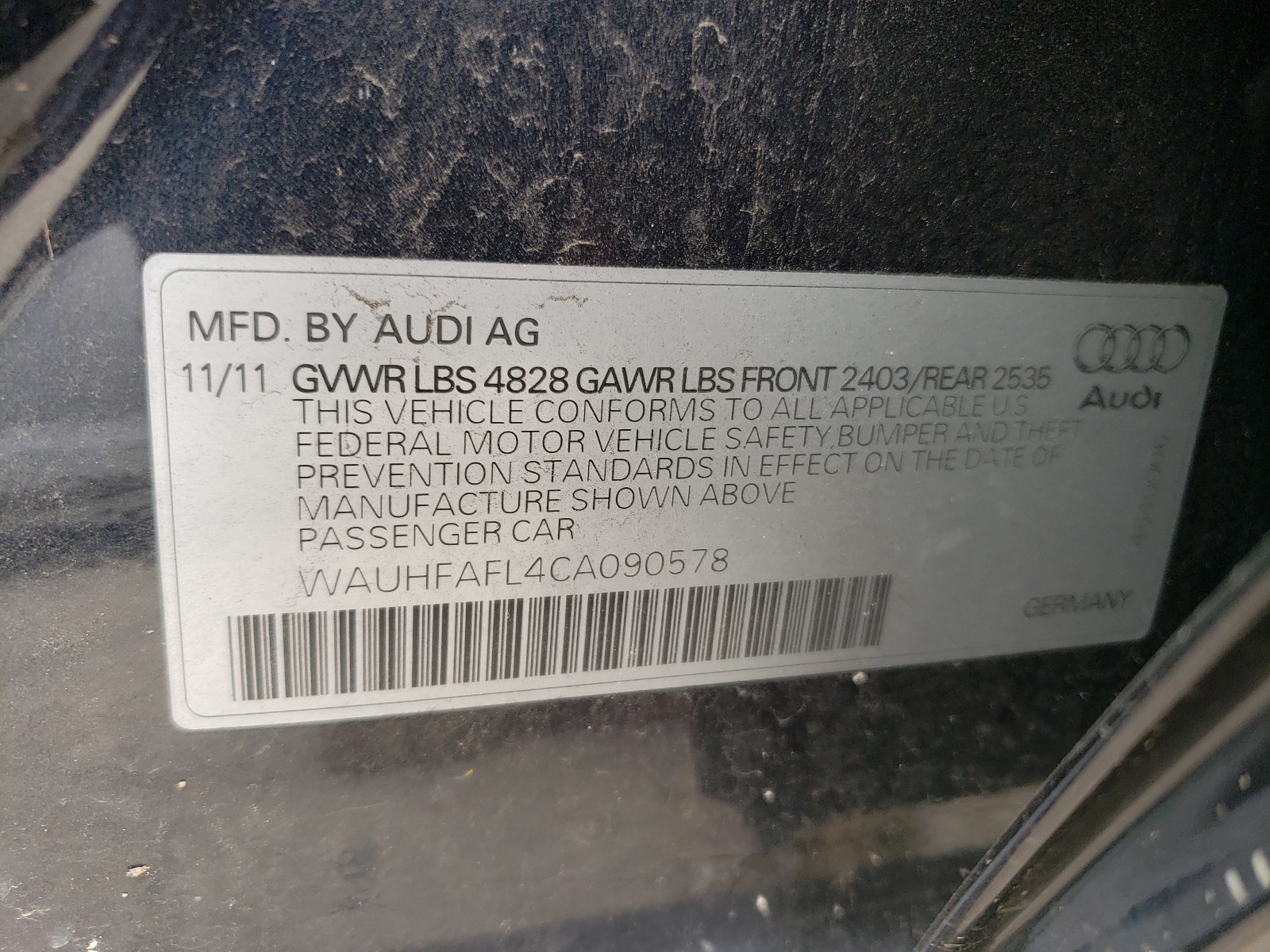 WAUHFAFL4CA090578 2012 Audi A4 Premium Plus