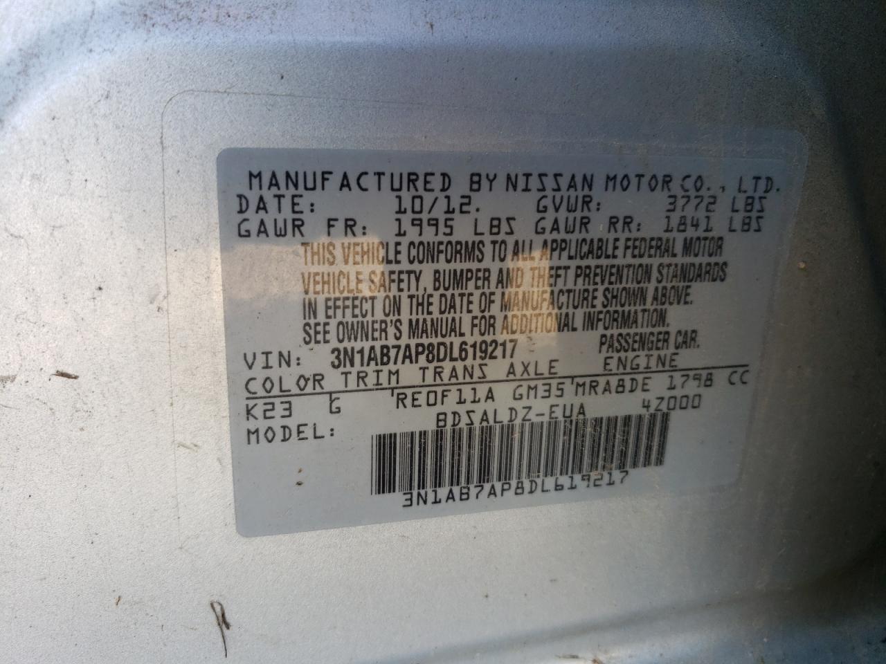 2013 Nissan Sentra S VIN: 3N1AB7AP8DL619217 Lot: 61445044