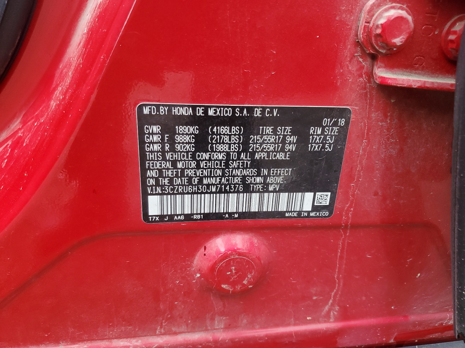 3CZRU6H30JM714376 2018 Honda Hr-V Lx