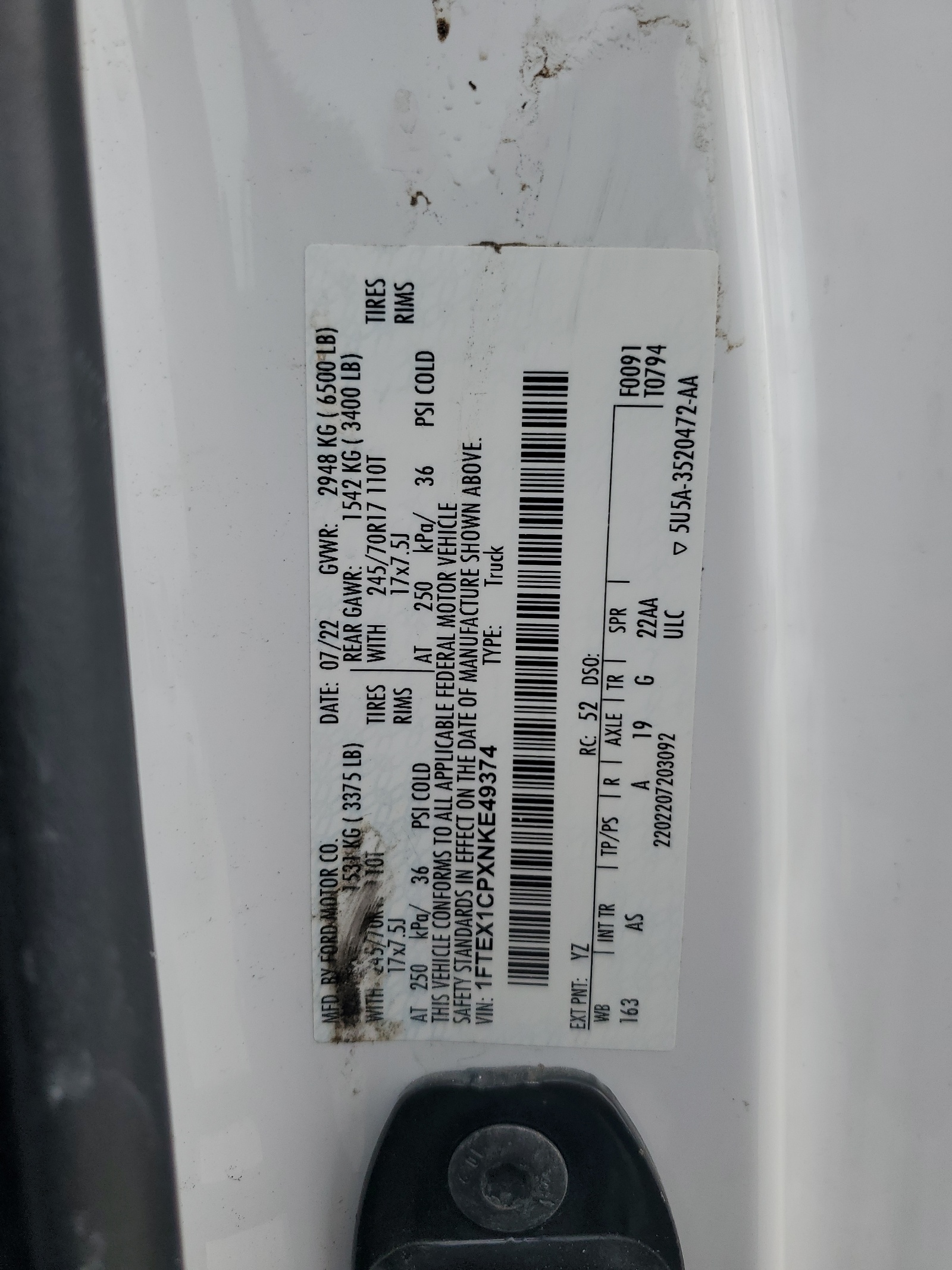 1FTEX1CPXNKE49374 2022 Ford F150 Super Cab