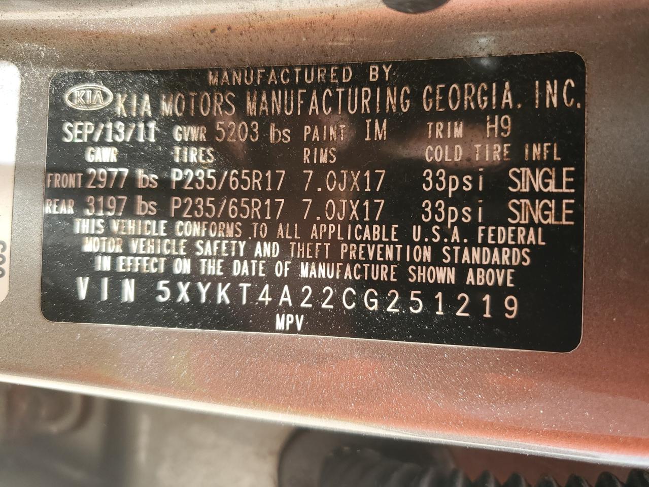 2012 Kia Sorento Base VIN: 5XYKT4A22CG251219 Lot: 61443294