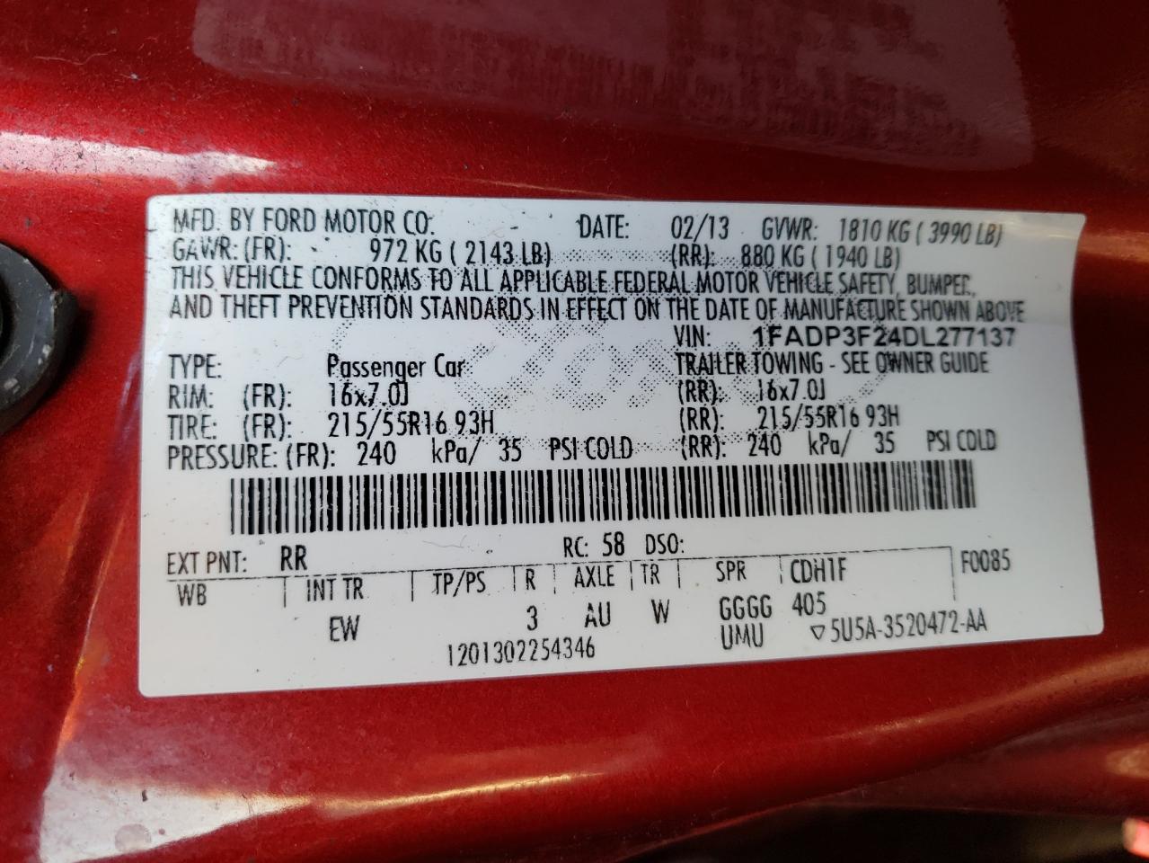 2013 Ford Focus Se VIN: 1FADP3F24DL277137 Lot: 63491954