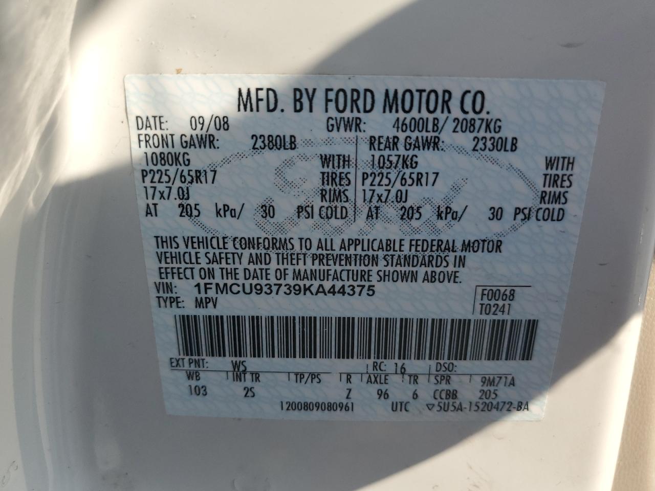 2009 Ford Escape Xlt VIN: 1FMCU93739KA44375 Lot: 63775514