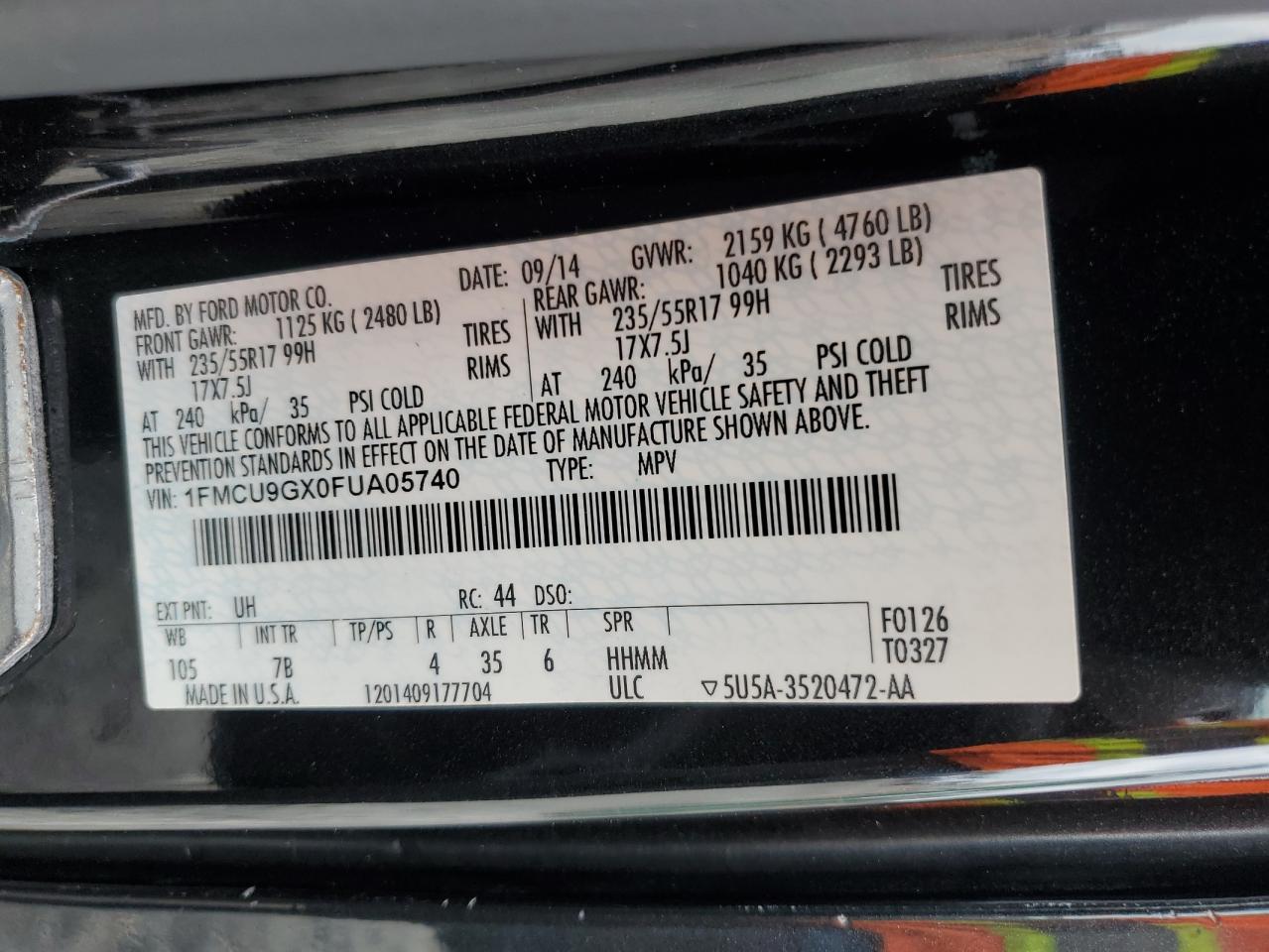 2015 Ford Escape Se VIN: 1FMCU9GX0FUA05740 Lot: 64217544