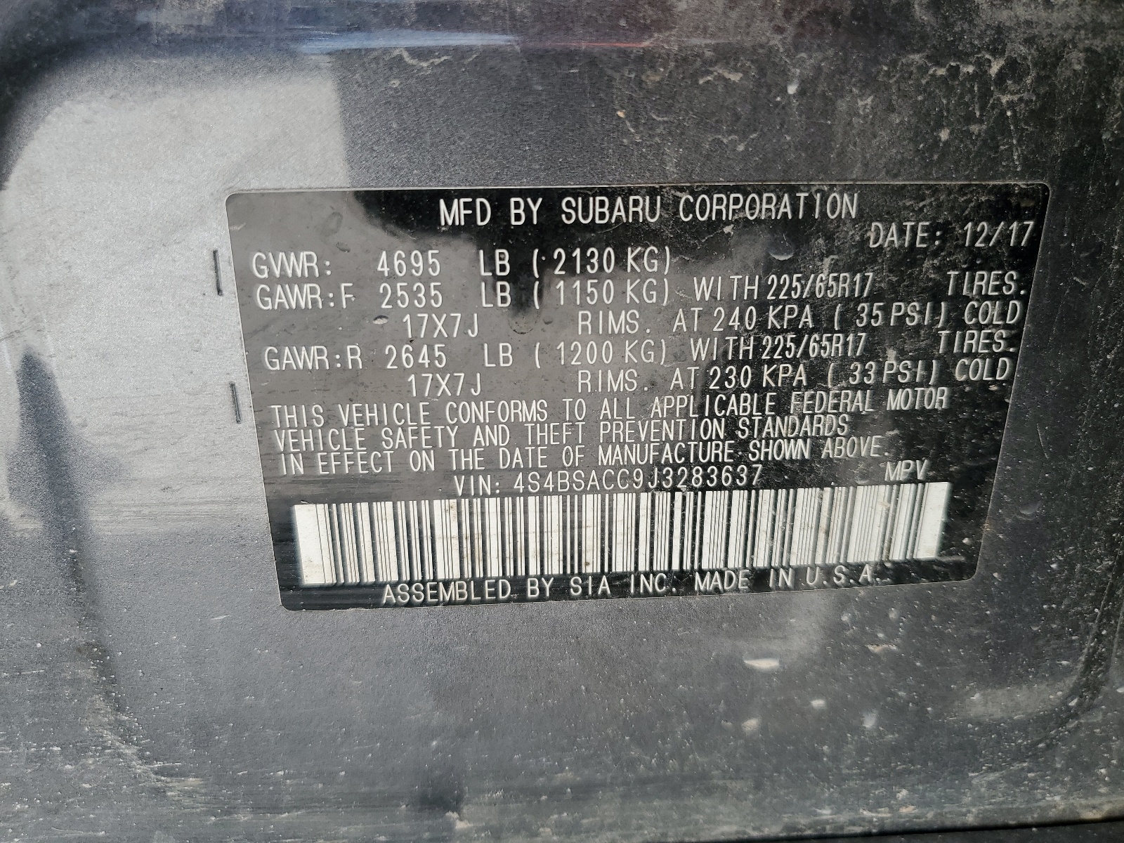 4S4BSACC9J3283637 2018 Subaru Outback 2.5I Premium