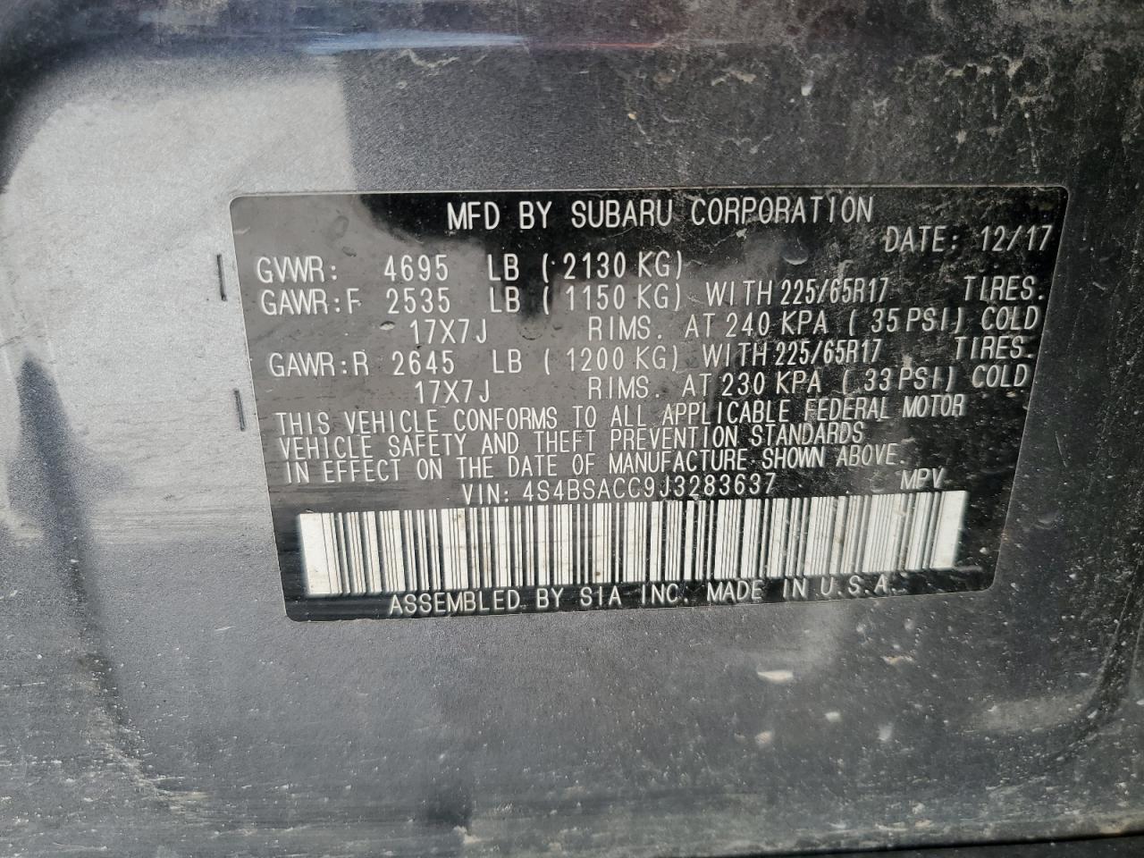 2018 Subaru Outback 2.5I Premium VIN: 4S4BSACC9J3283637 Lot: 61899544