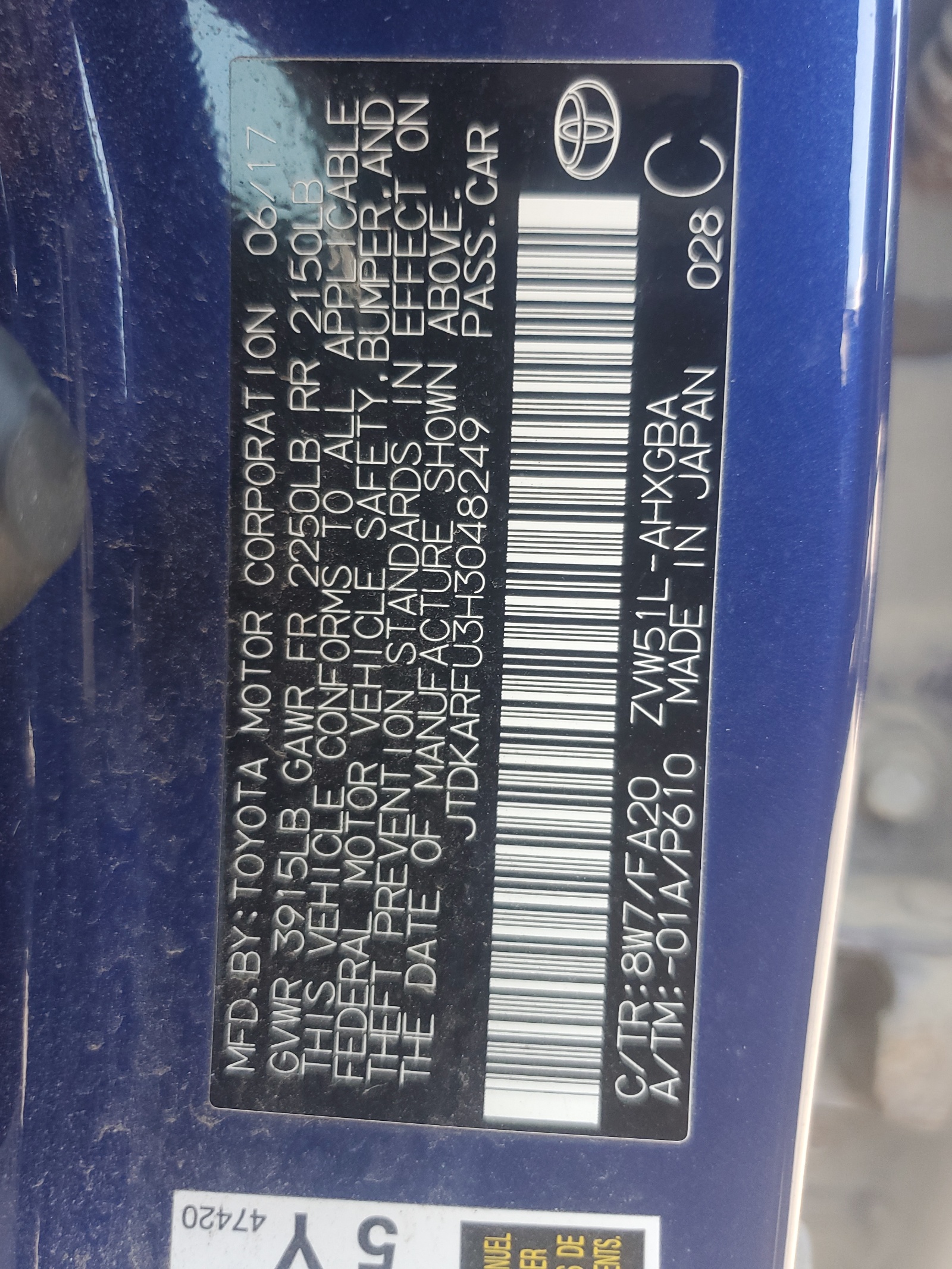 JTDKARFU3H3048249 2017 Toyota Prius