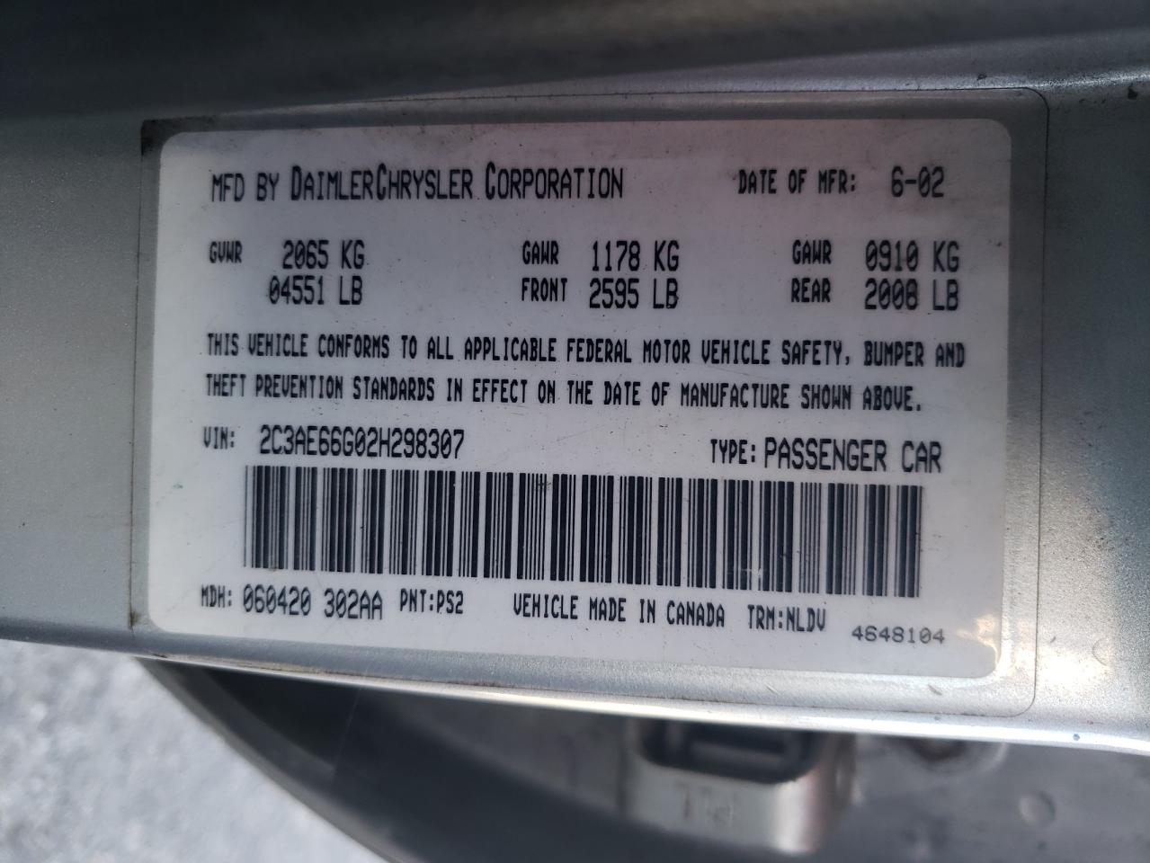 2002 Chrysler 300M VIN: 2C3AE66G02H298307 Lot: 65078854