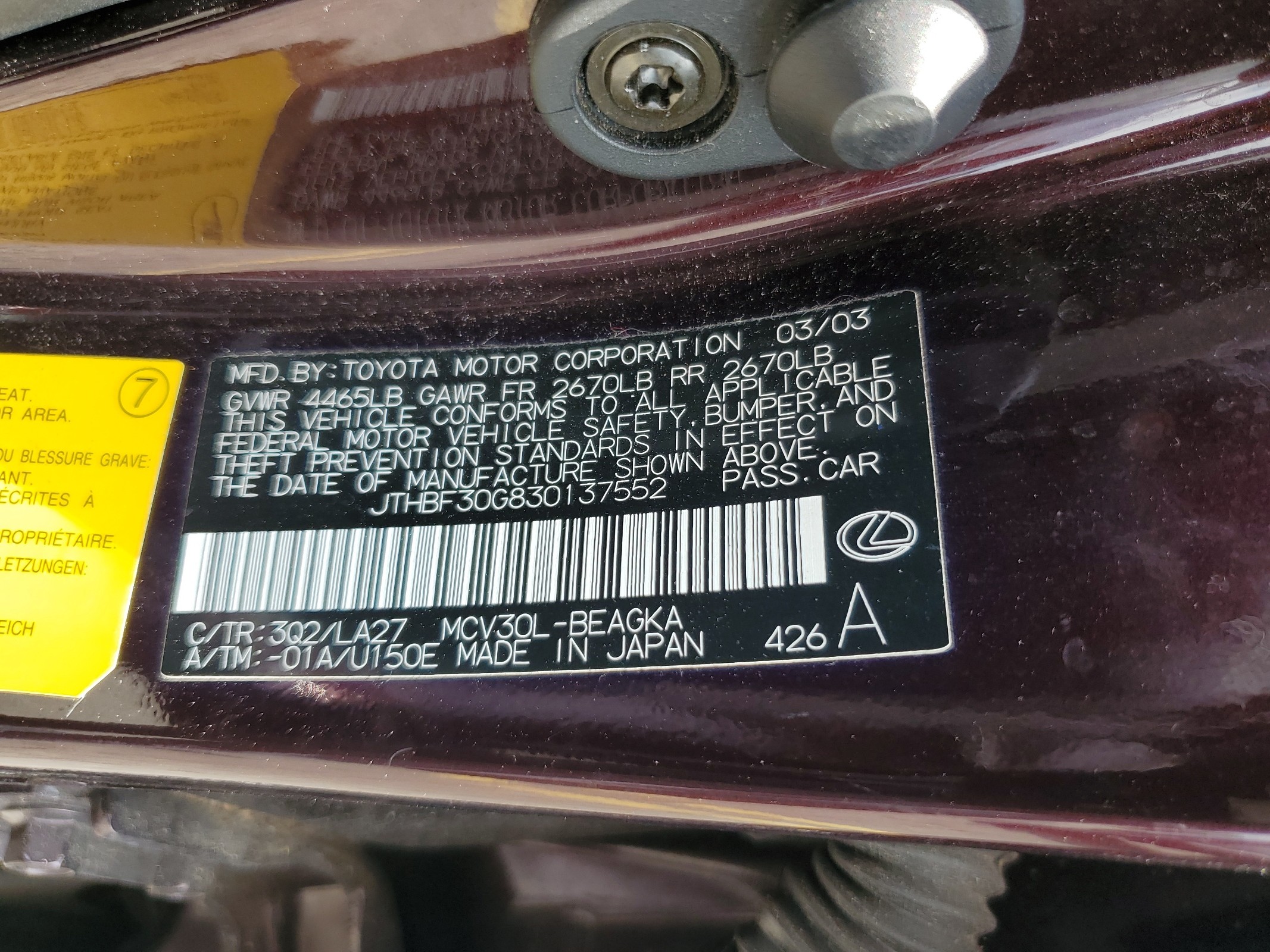 JTHBF30G830137552 2003 Lexus Es 300