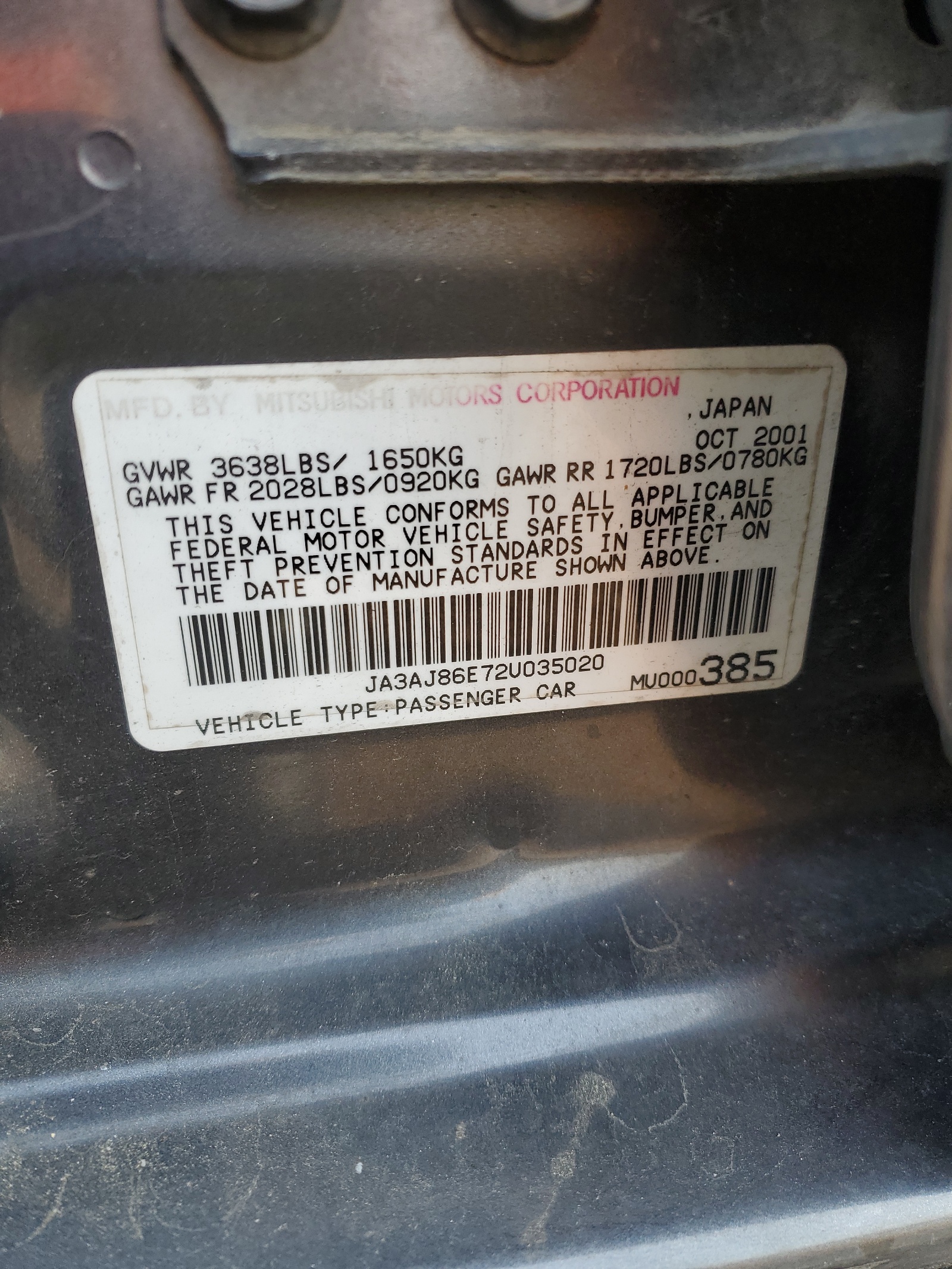 JA3AJ86E72U035020 2002 Mitsubishi Lancer Oz Rally