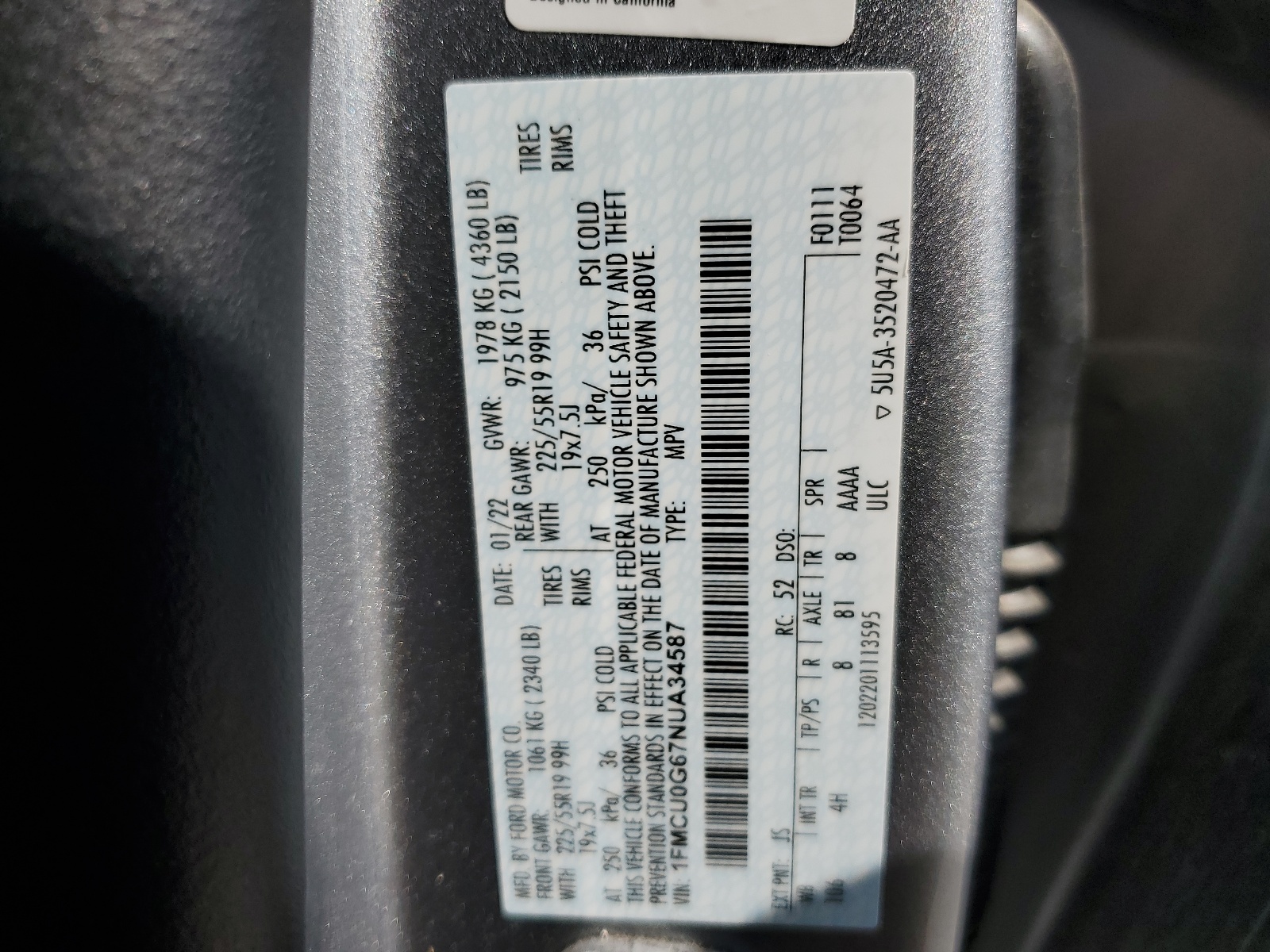 1FMCU0G67NUA34587 2022 Ford Escape Se