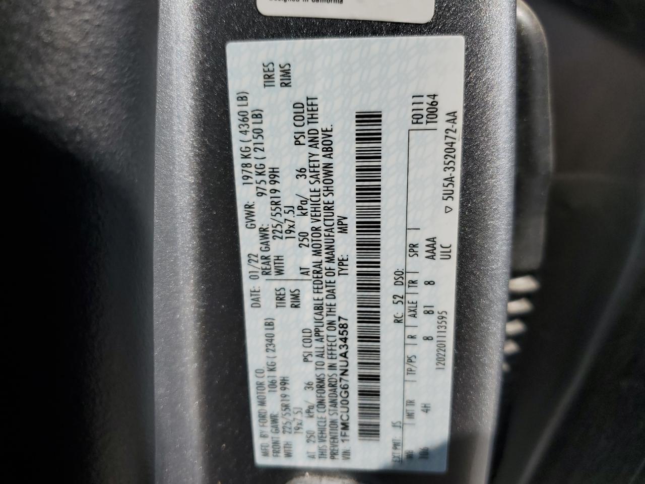 2022 Ford Escape Se VIN: 1FMCU0G67NUA34587 Lot: 64392074