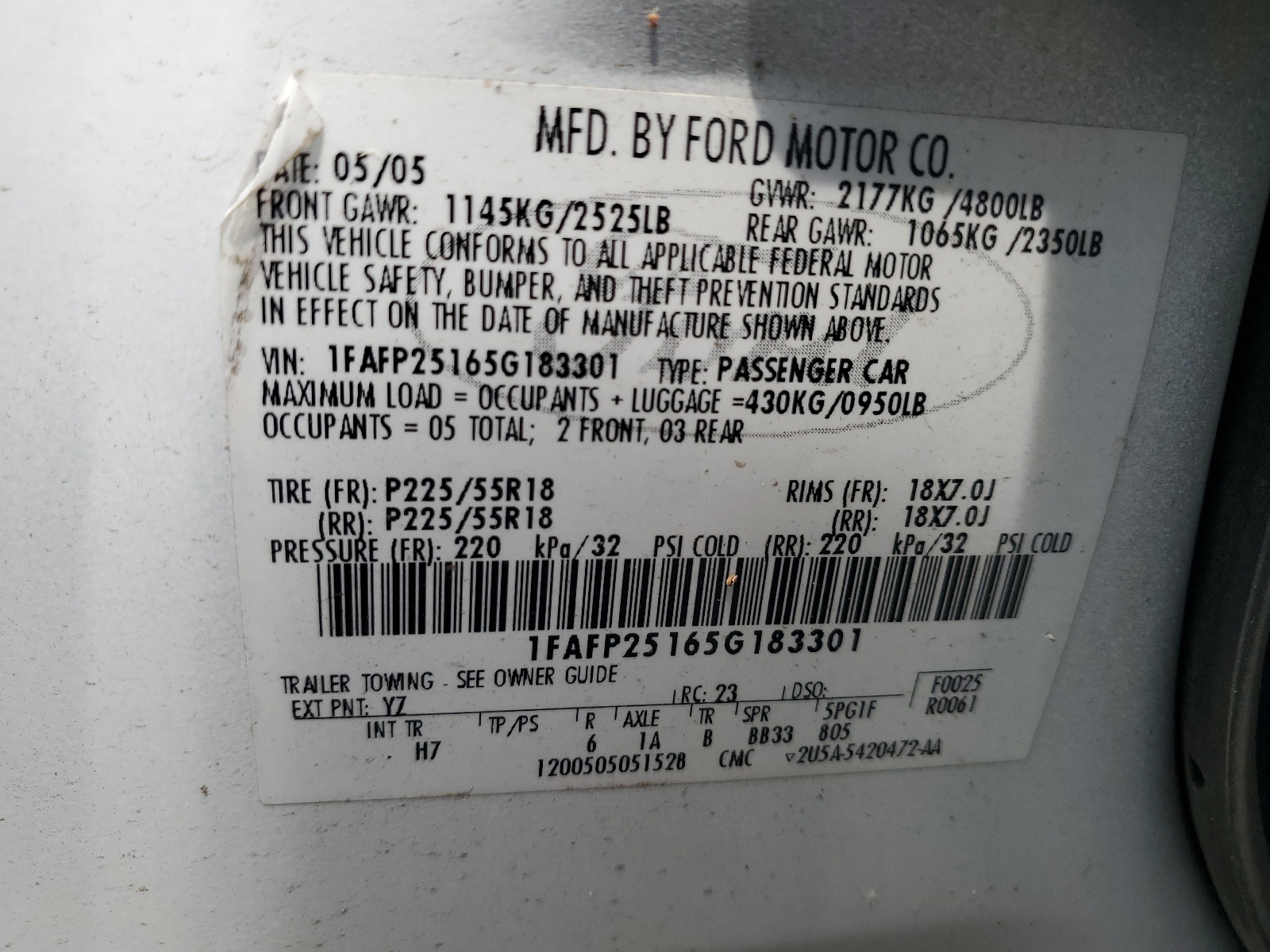 1FAFP25165G183301 2005 Ford Five Hundred Limited