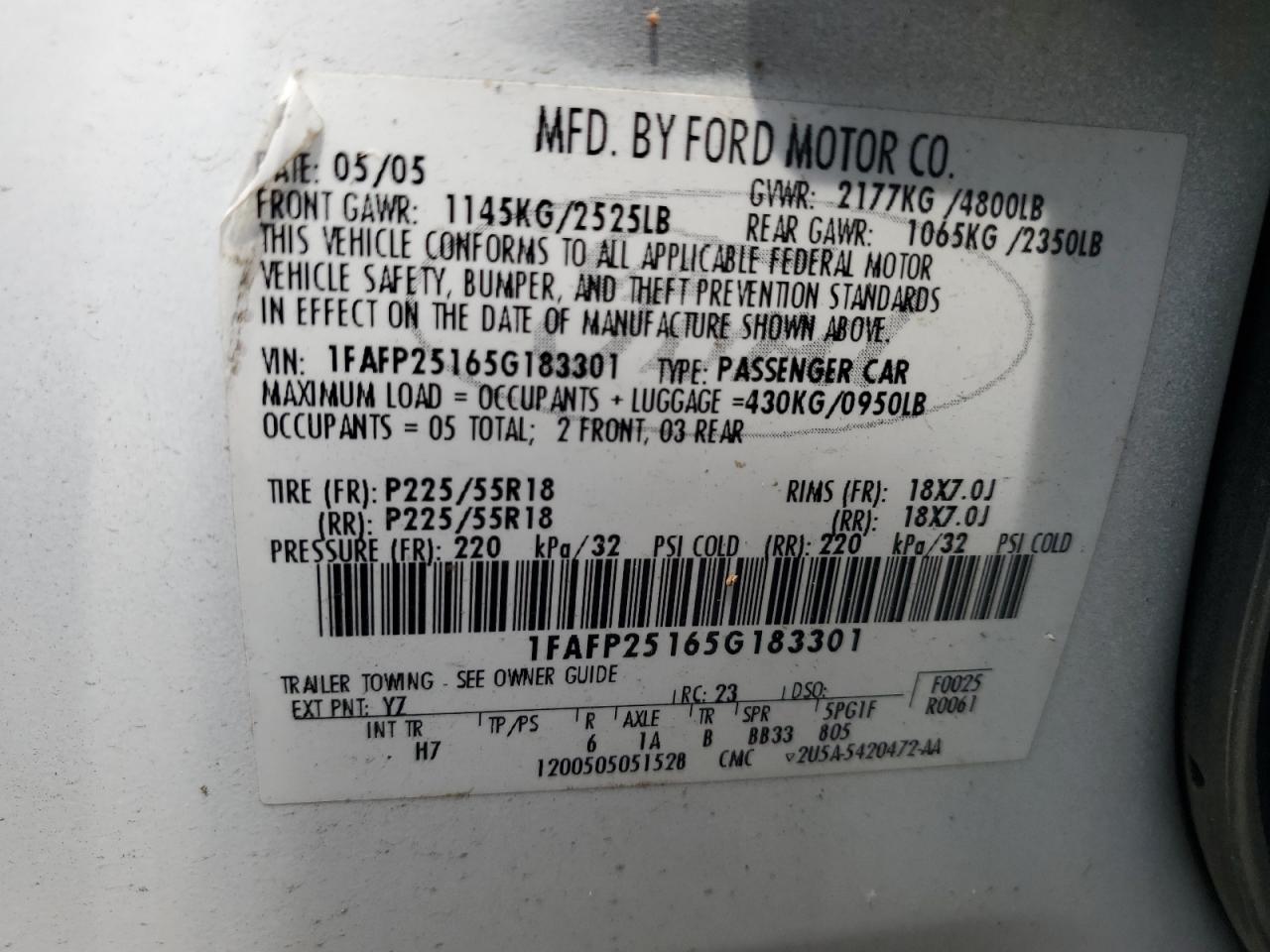 2005 Ford Five Hundred Limited VIN: 1FAFP25165G183301 Lot: 64407364