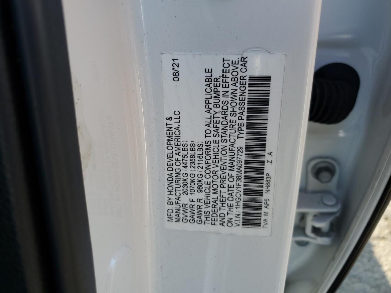 2021 Honda Accord Sport VIN: 1HGCV1F38MA097729 Lot: 61722564