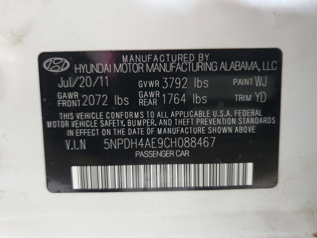 2012 Hyundai Elantra Gls VIN: 5NPDH4AE9CH088467 Lot: 59186954