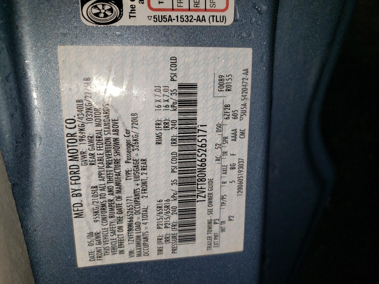 2006 Ford Mustang VIN: 1ZVFT80N665265171 Lot: 64896134