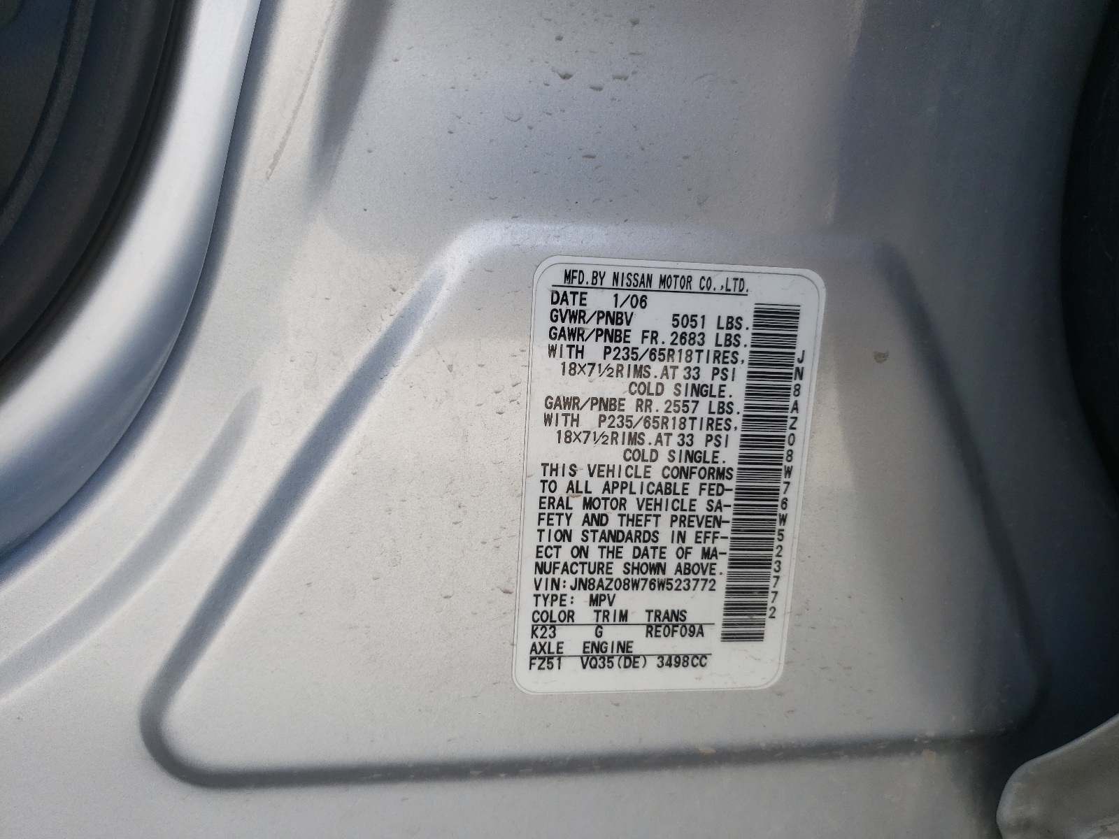 JN8AZ08W76W523772 2006 Nissan Murano Sl