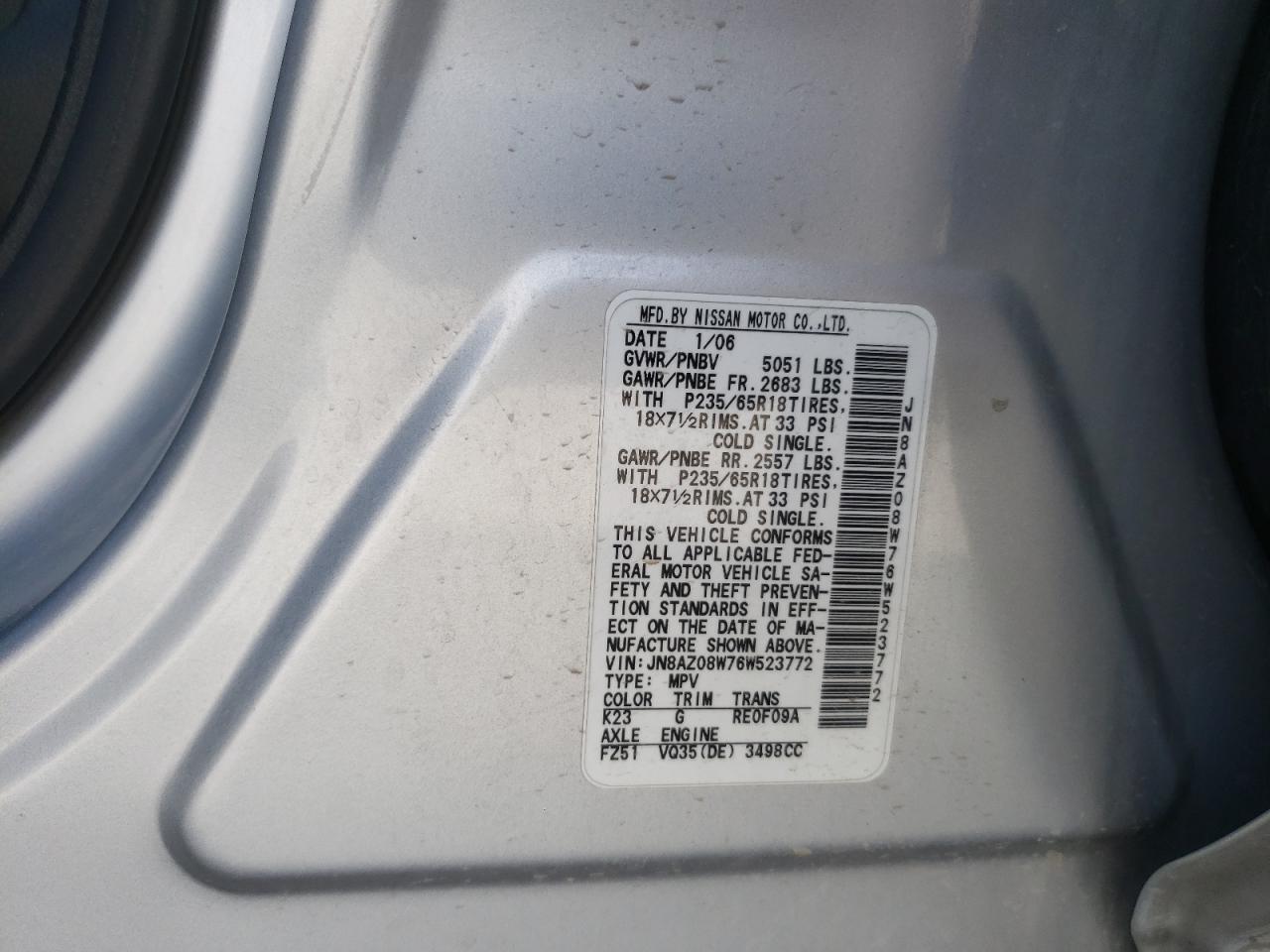 2006 Nissan Murano Sl VIN: JN8AZ08W76W523772 Lot: 63277884