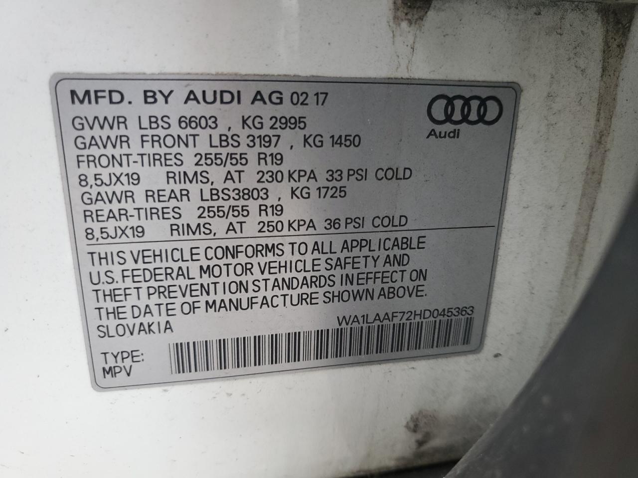 2017 Audi Q7 Premium Plus VIN: WA1LAAF72HD045363 Lot: 62868964