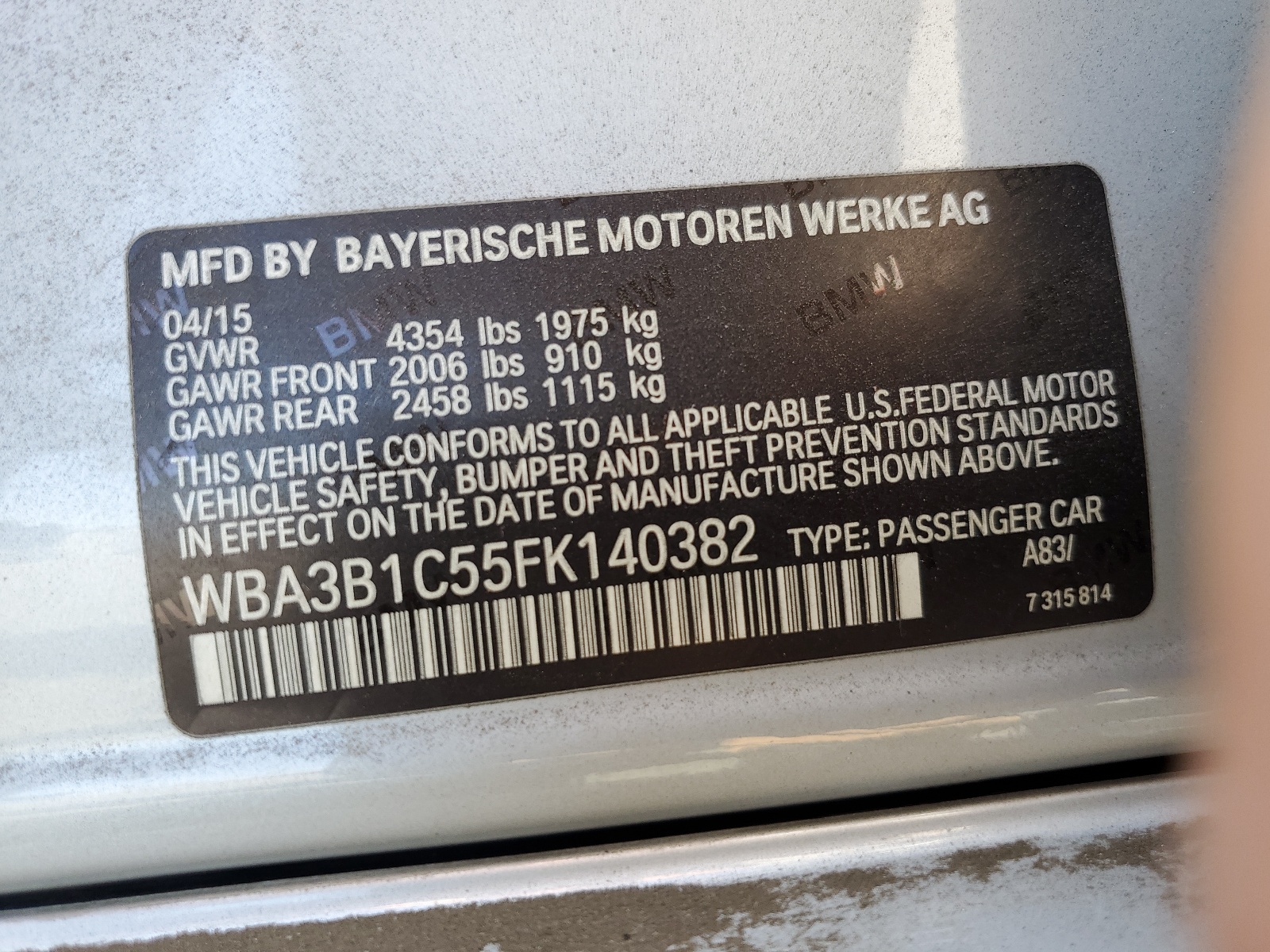 WBA3B1C55FK140382 2015 BMW 320 I
