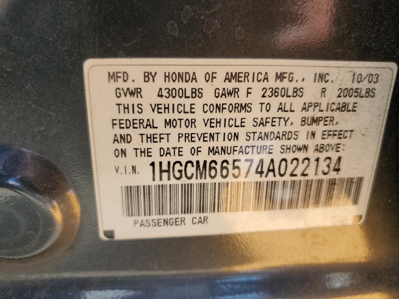 2004 Honda Accord Ex VIN: 1HGCM66574A022134 Lot: 64468254