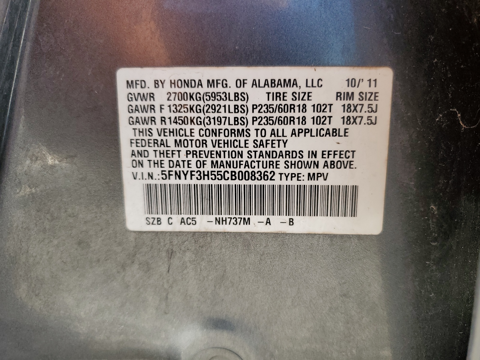5FNYF3H55CB008362 2012 Honda Pilot Exl