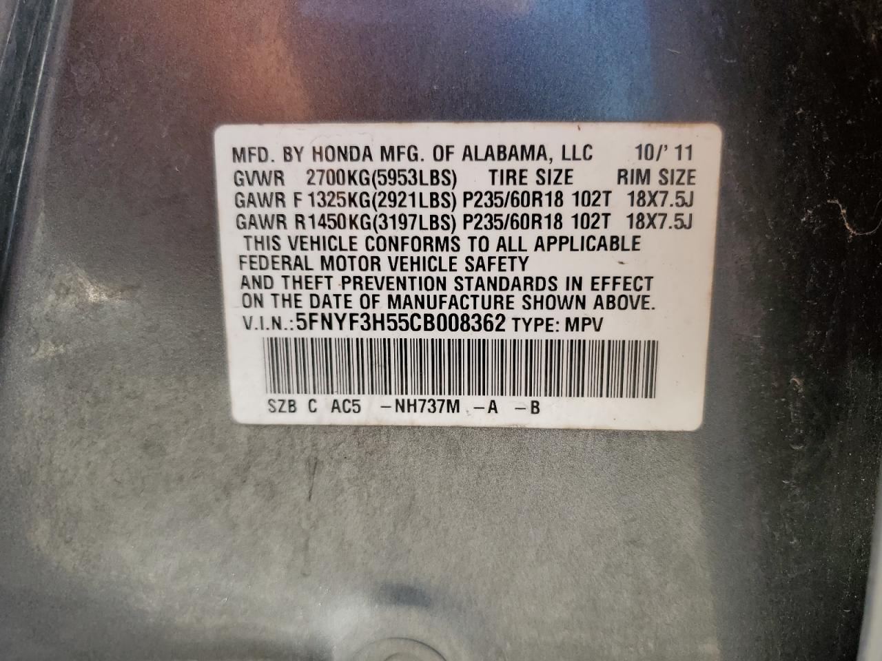 2012 Honda Pilot Exl VIN: 5FNYF3H55CB008362 Lot: 61829544