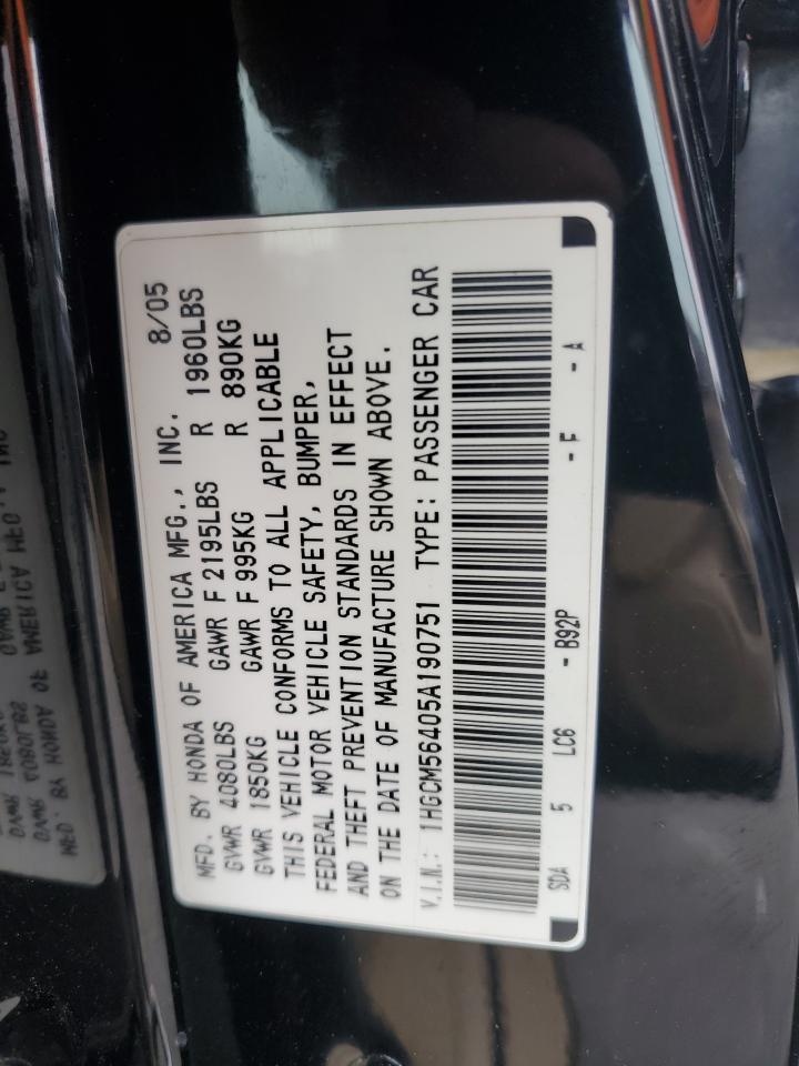 2005 Honda Accord Lx VIN: 1HGCM56405A190751 Lot: 63306254