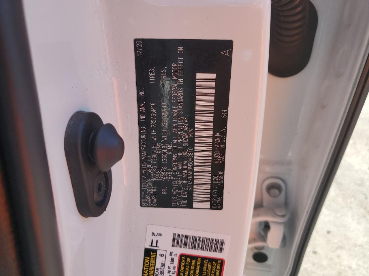 2021 Toyota Highlander L VIN: 5TDZZRAH3MS043840 Lot: 59212894