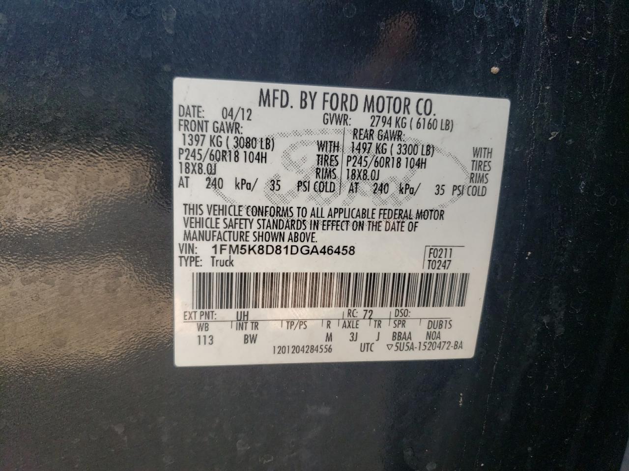 2013 Ford Explorer Xlt VIN: 1FM5K8D81DGA46458 Lot: 63067194