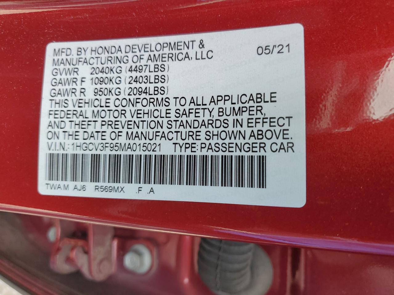 2021 Honda Accord Touring Hybrid VIN: 1HGCV3F95MA015021 Lot: 65061584