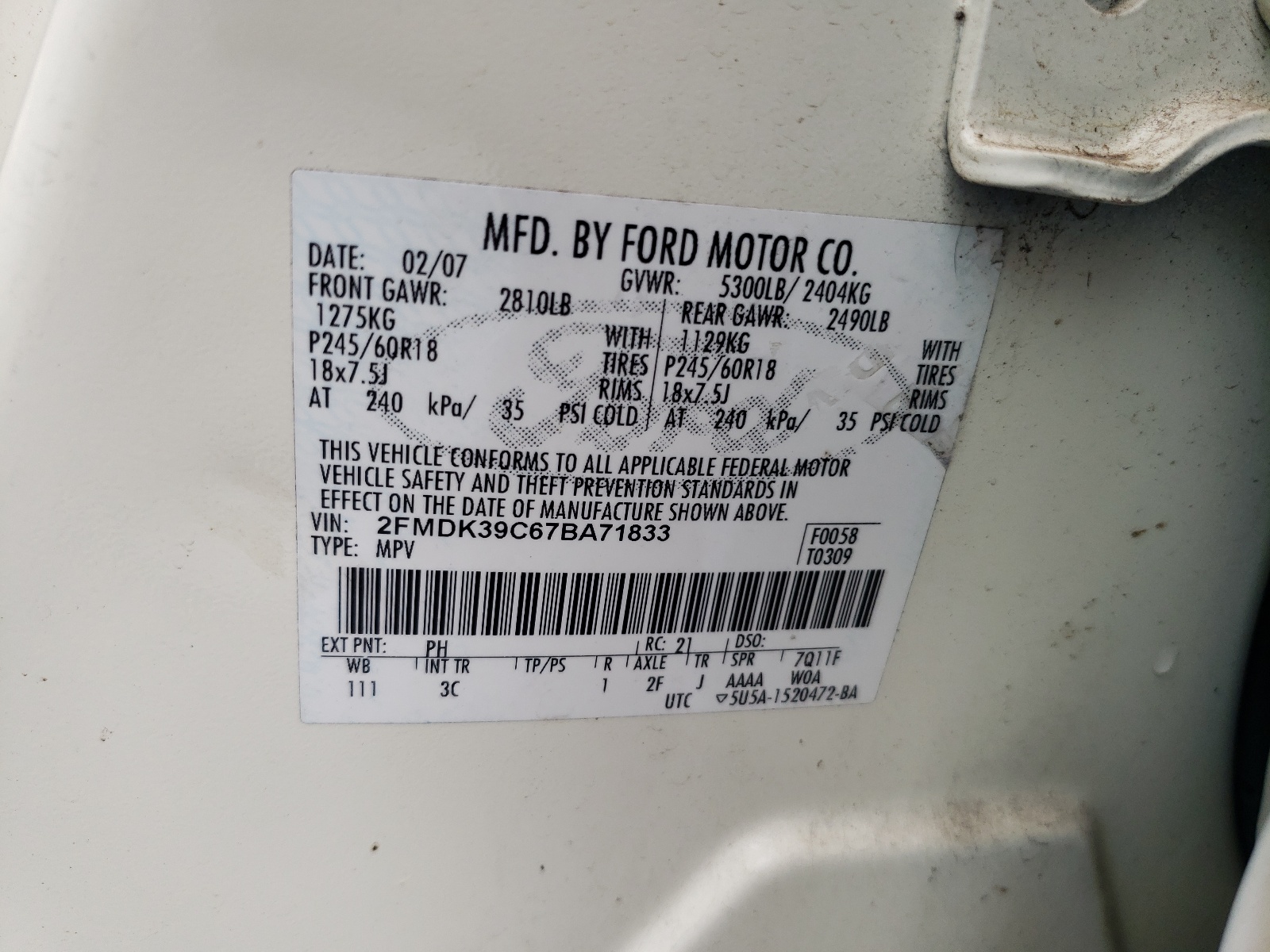 2FMDK39C67BA71833 2007 Ford Edge Sel Plus