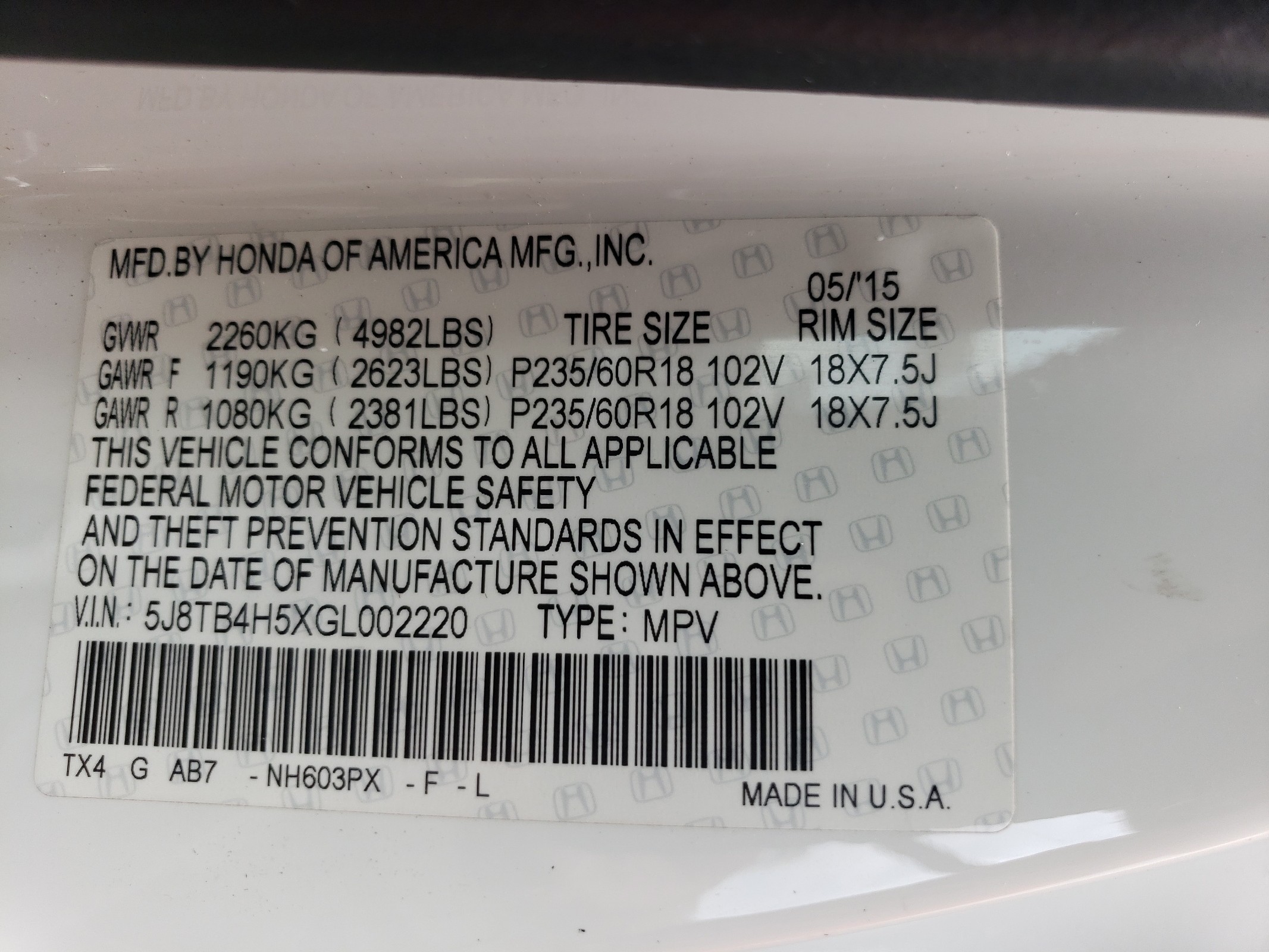 5J8TB4H5XGL002220 2016 Acura Rdx Technology