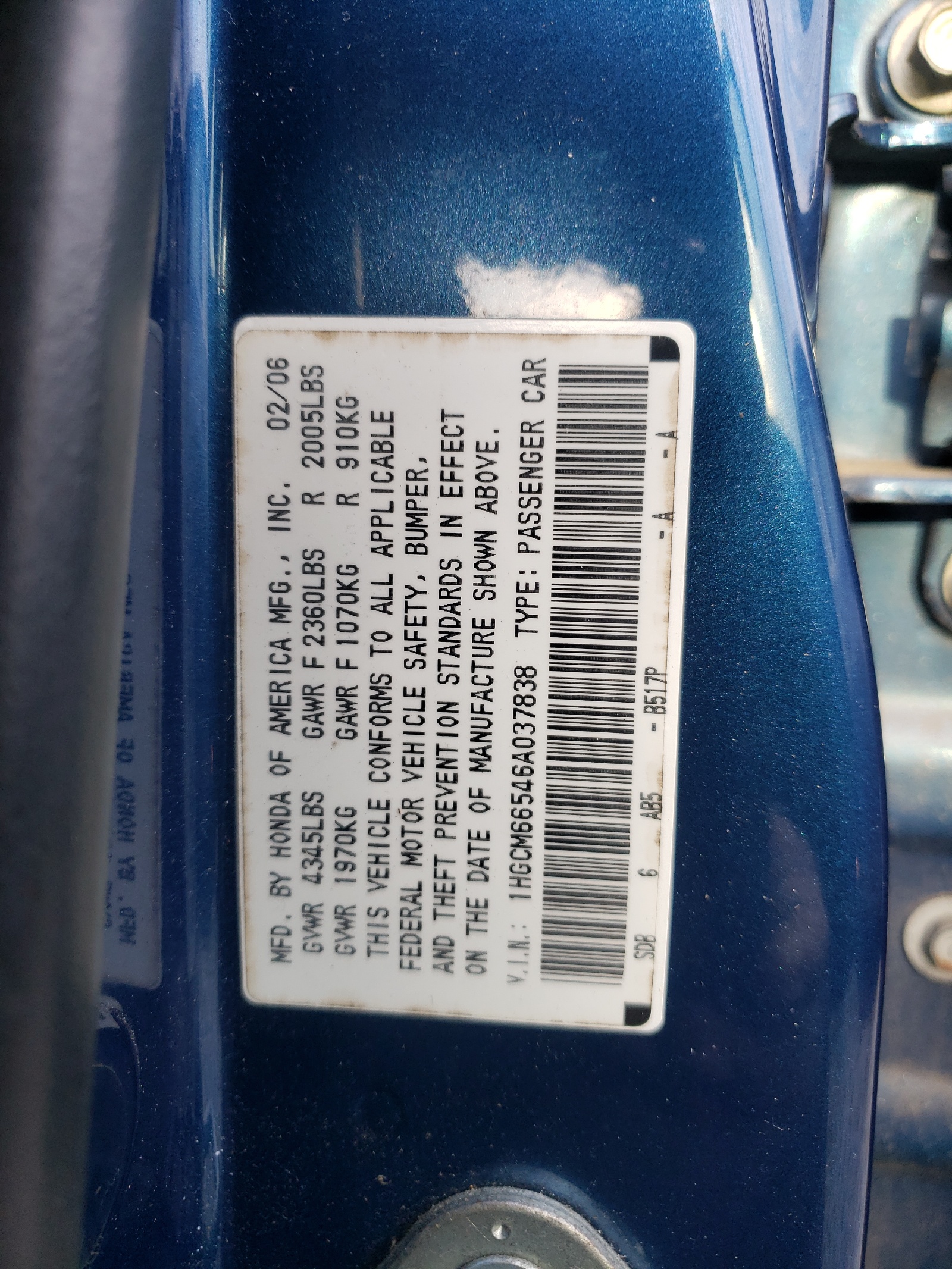 1HGCM66546A037838 2006 Honda Accord Ex