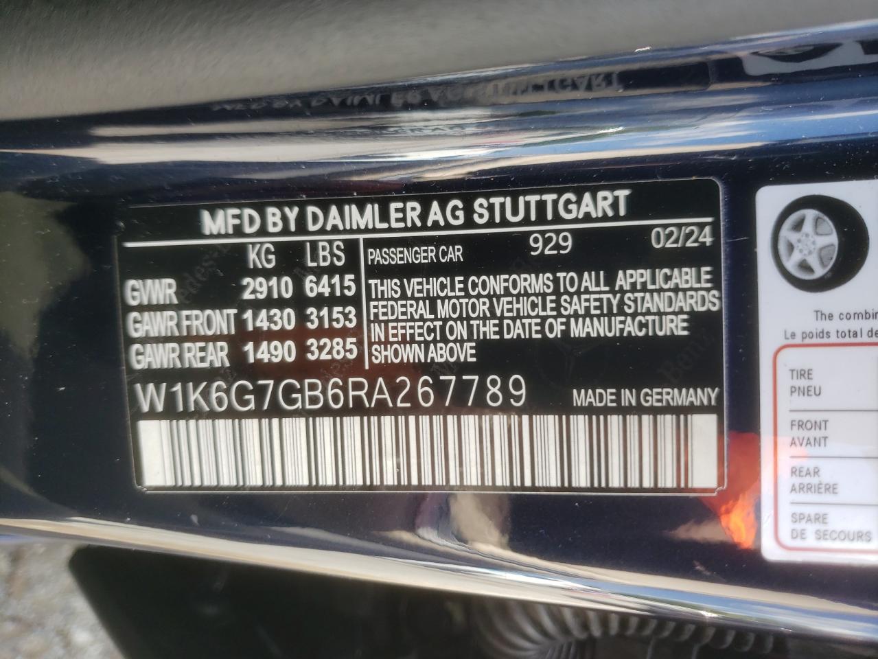 2024 Mercedes-Benz S 580 4Matic VIN: W1K6G7GB6RA267789 Lot: 64145344