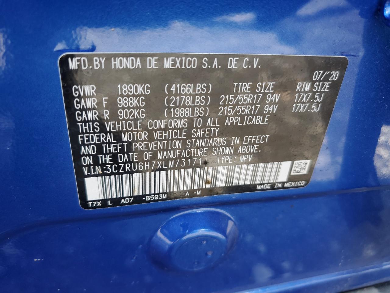 2020 Honda Hr-V Exl VIN: 3CZRU6H7XLM731711 Lot: 65542974