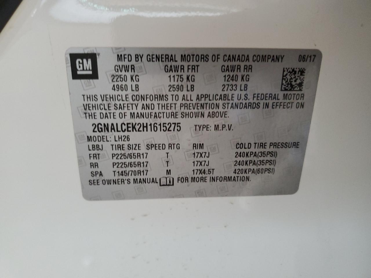 2017 Chevrolet Equinox Lt VIN: 2GNALCEK2H1615275 Lot: 62908604