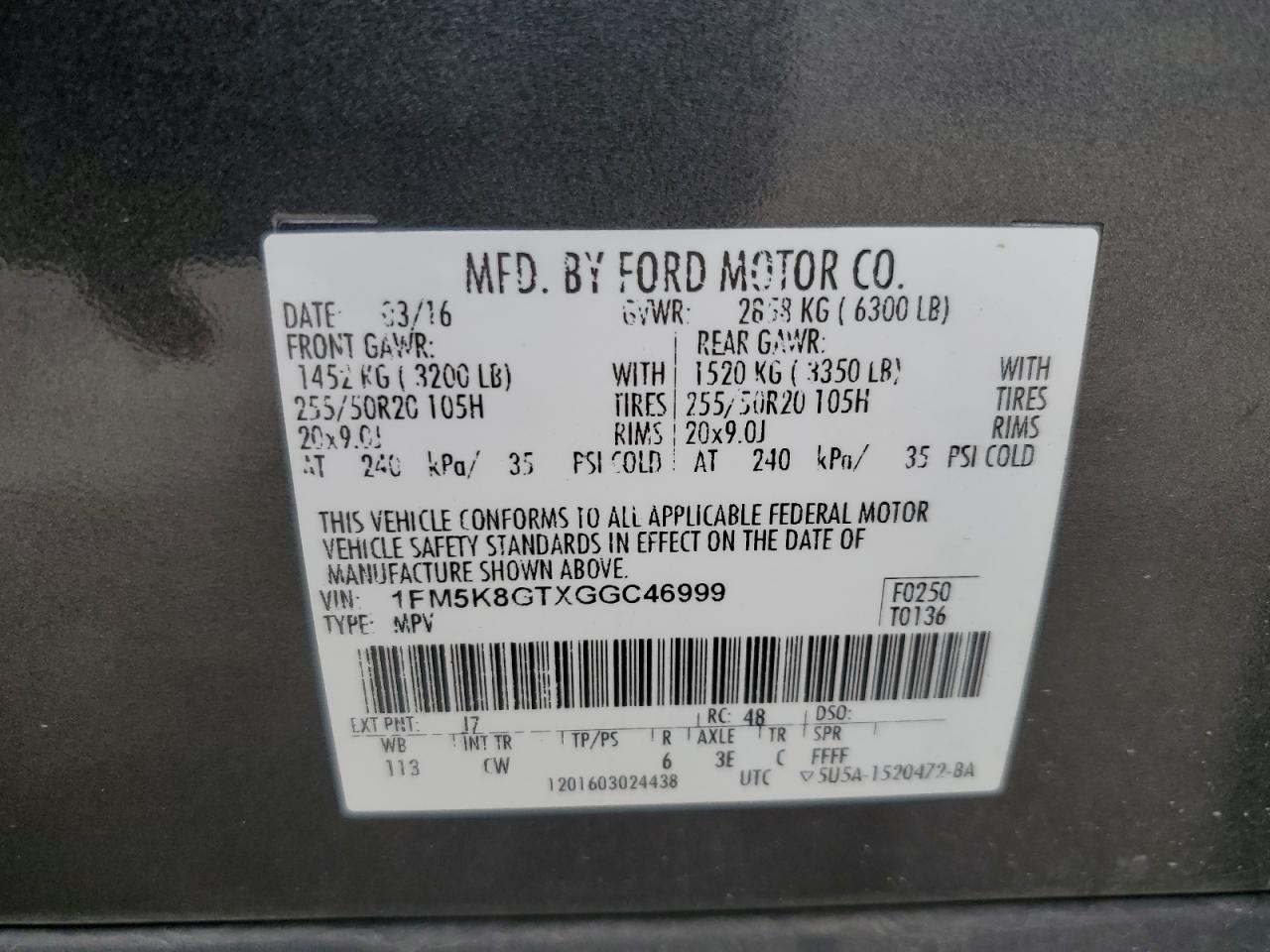 2016 Ford Explorer Sport VIN: 1FM5K8GTXGGC46999 Lot: 63395614