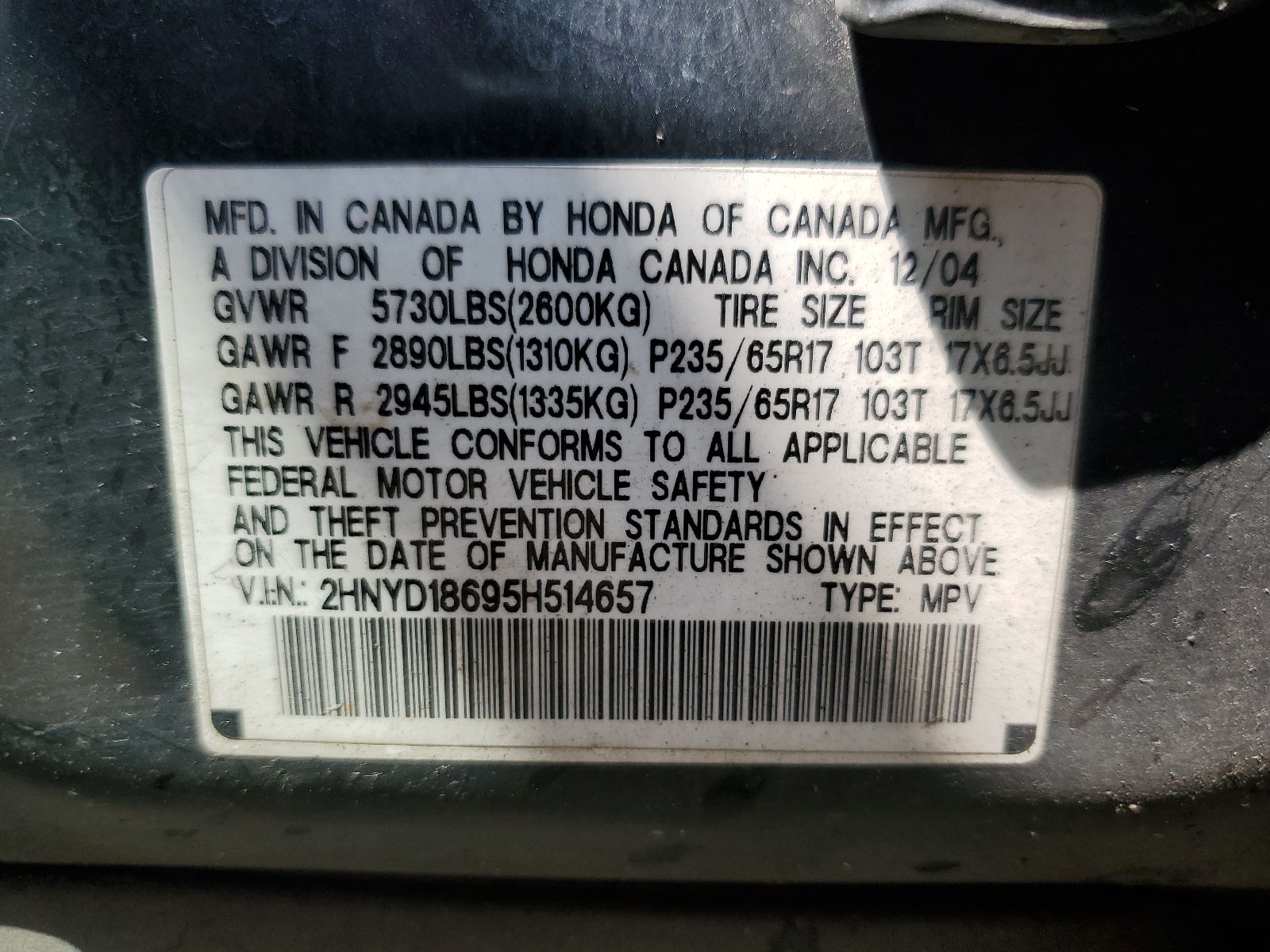 2HNYD18695H514657 2005 Acura Mdx Touring