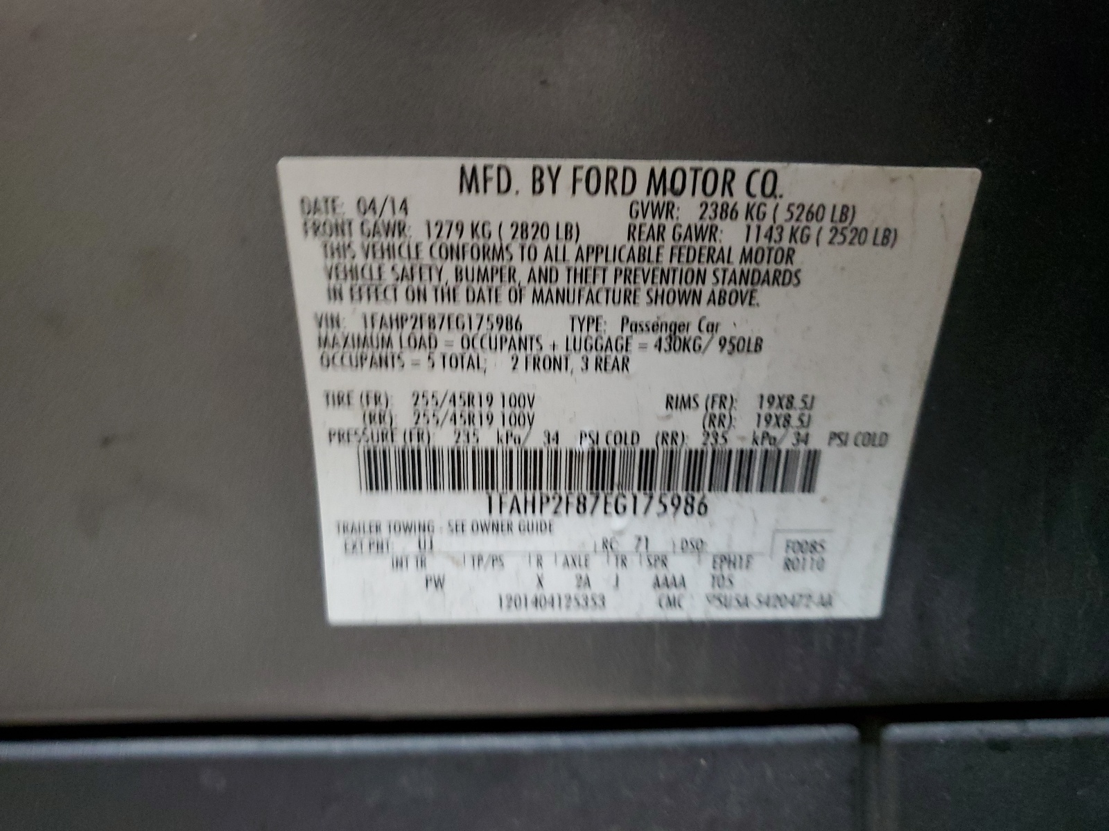 1FAHP2F87EG175986 2014 Ford Taurus Limited