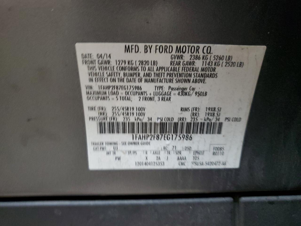 2014 Ford Taurus Limited VIN: 1FAHP2F87EG175986 Lot: 64431374