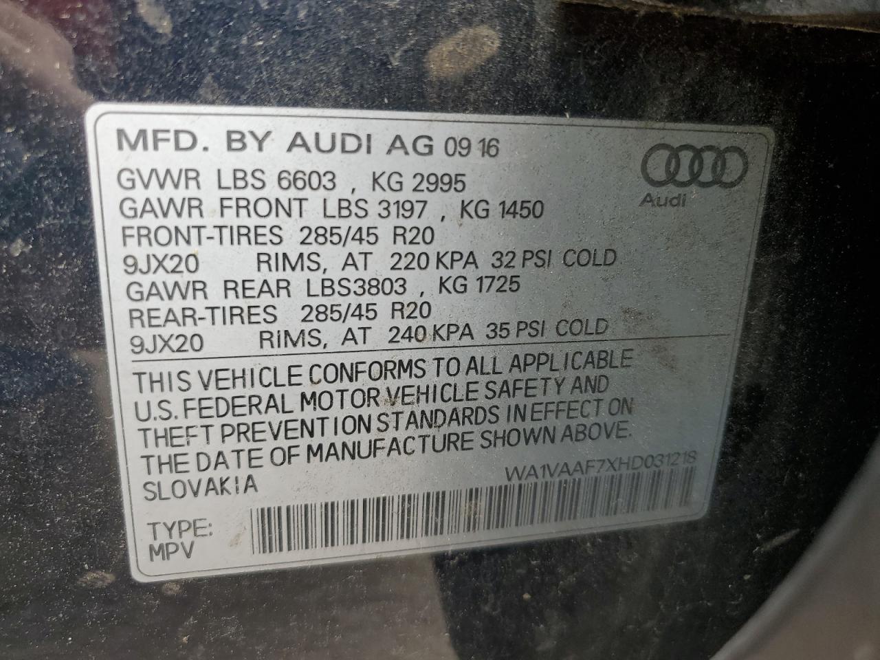 2017 Audi Q7 Prestige VIN: WA1VAAF7XHD031218 Lot: 63849304
