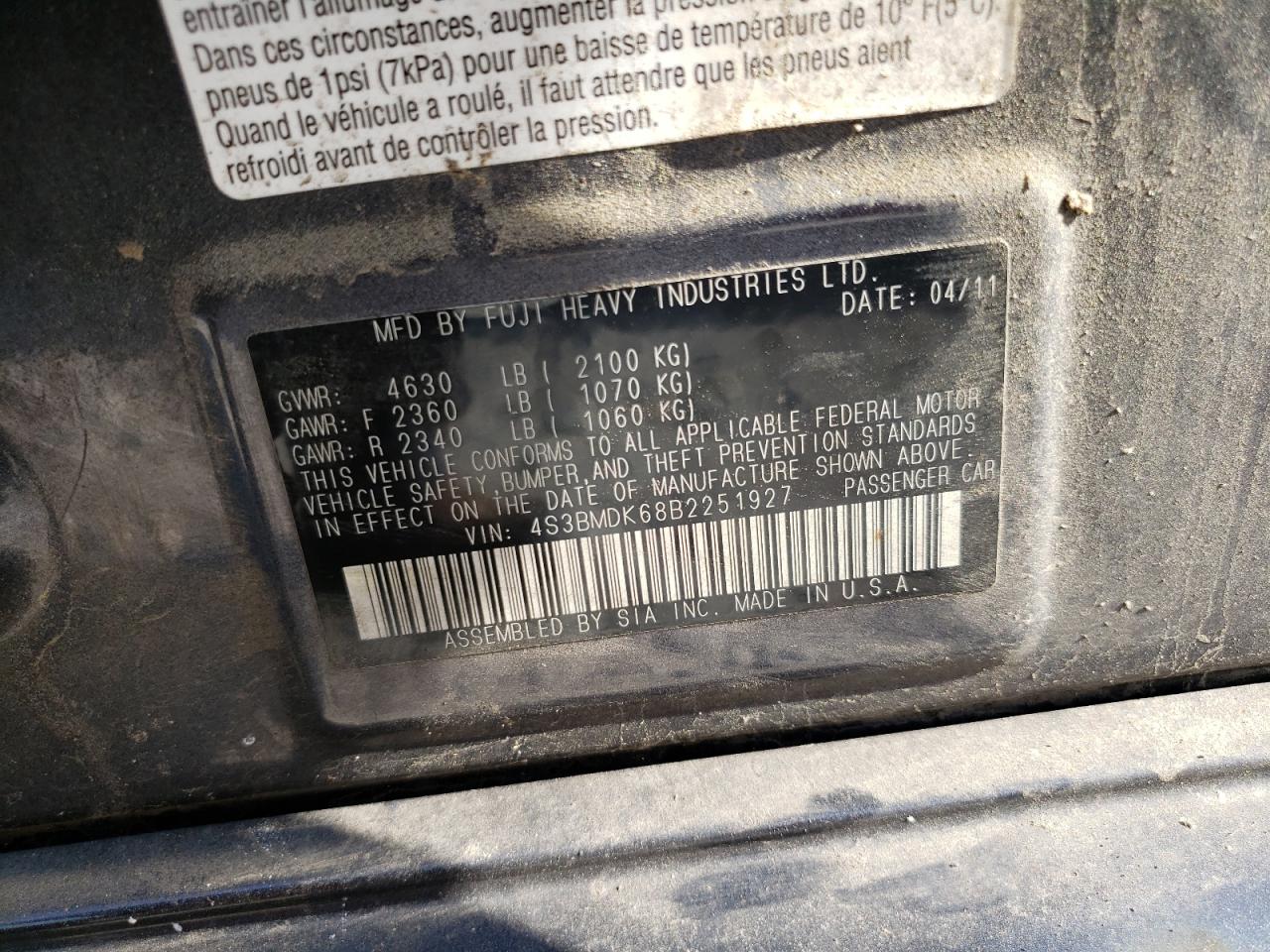 2011 Subaru Legacy 3.6R Limited VIN: 4S3BMDK68B2251927 Lot: 63375214