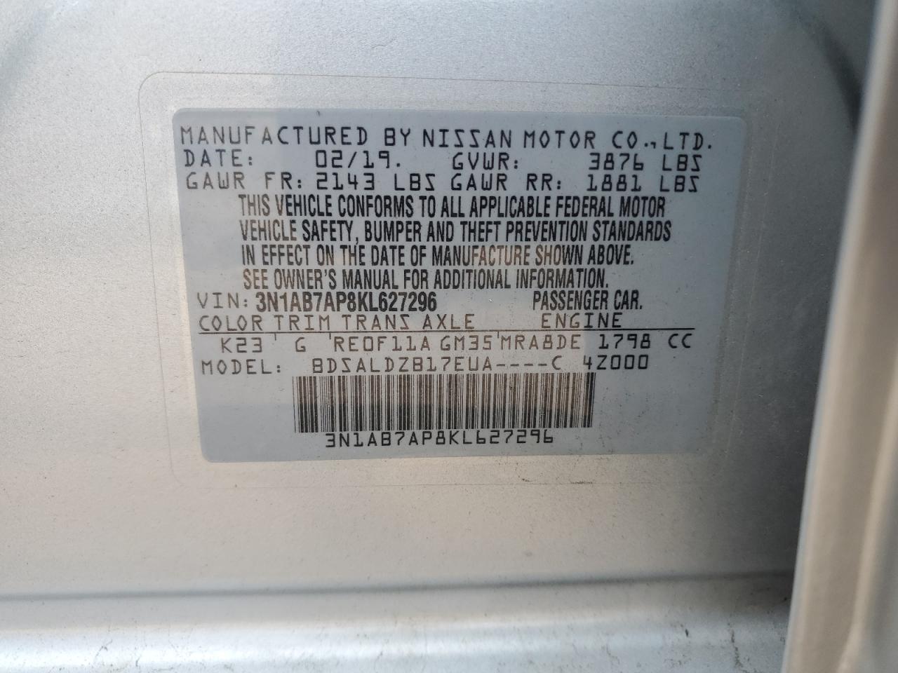 3N1AB7AP8KL627296 2019 Nissan Sentra S