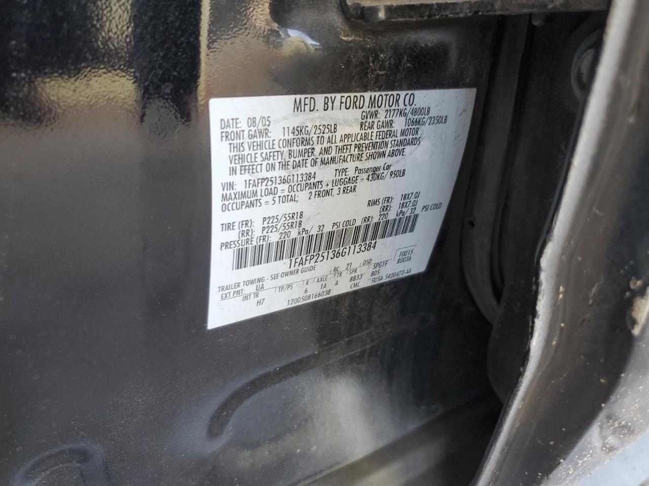 2006 Ford Five Hundred Limited VIN: 1FAFP25136G113384 Lot: 63098454